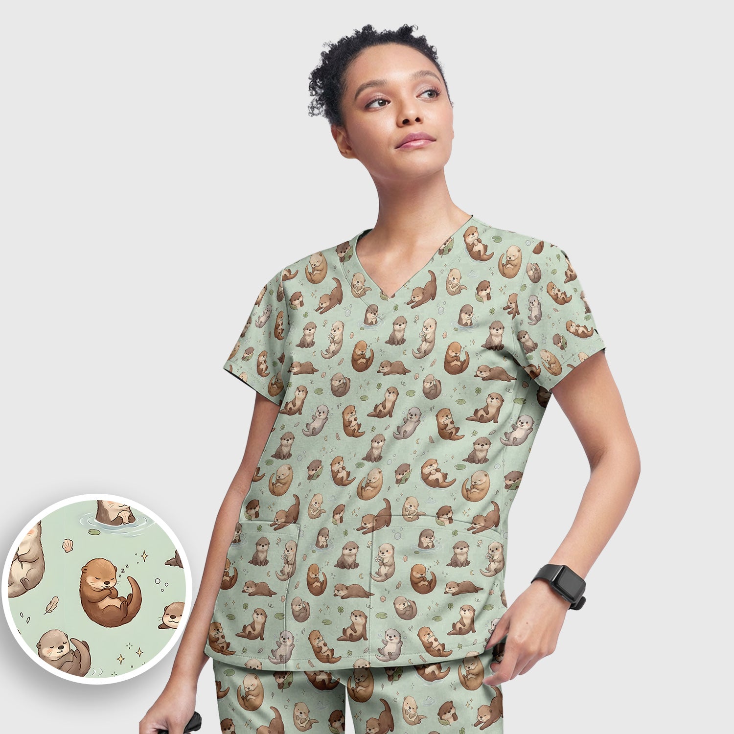 Cute Otter Pattern Scrub Set, Scrub Pants and V Neck Top