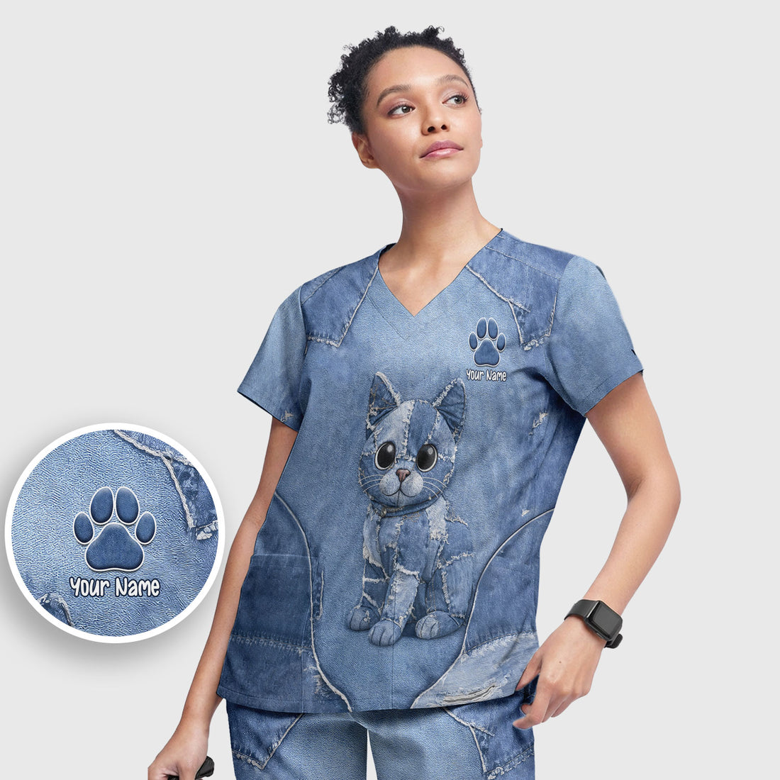 Personalized Patchwork Denim Cat Nurse Pattern Scrub Set, Scrub Pants and V Neck Top