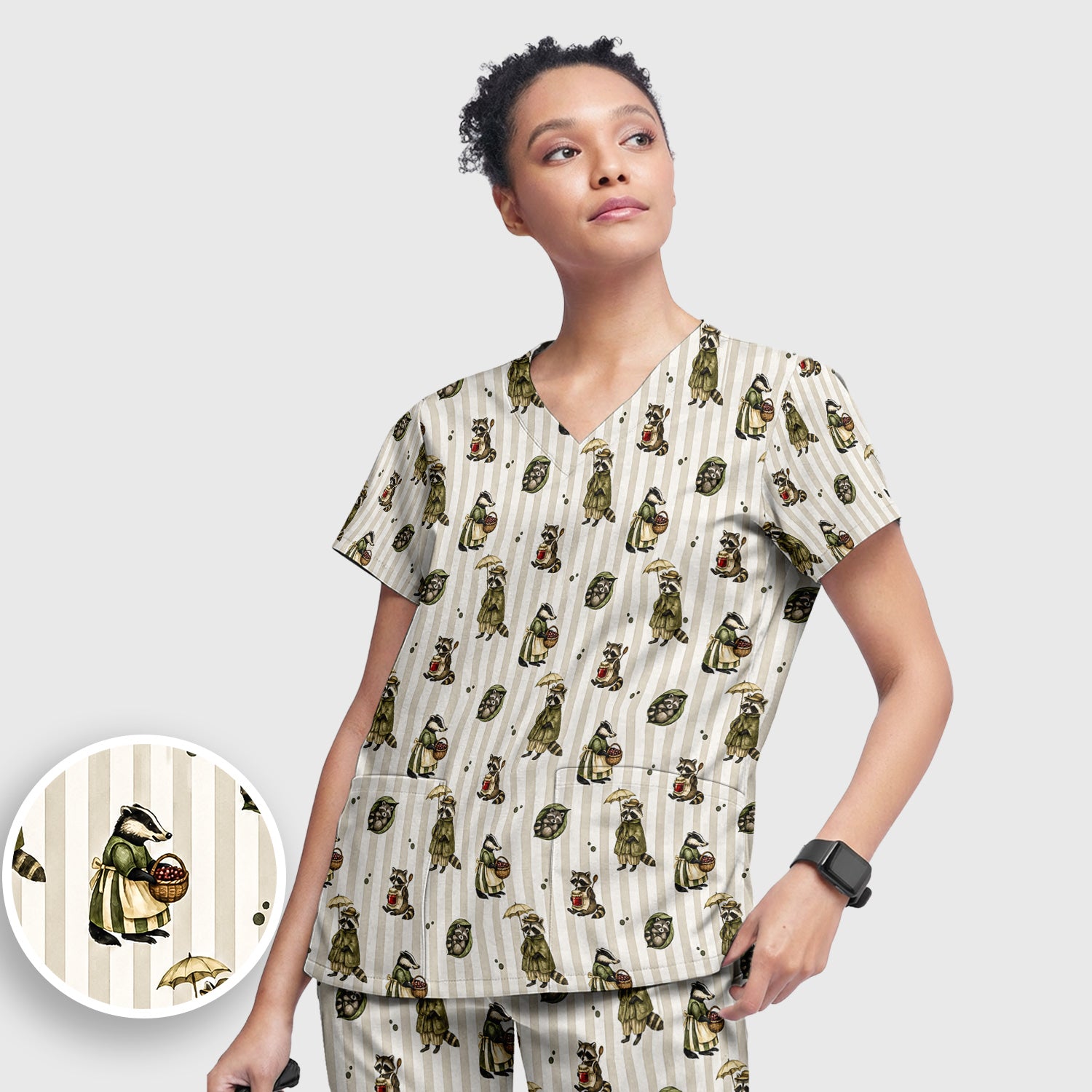 Cute Woodland Raccoon Print Scrub Set, Scrub Pants and V Neck Top