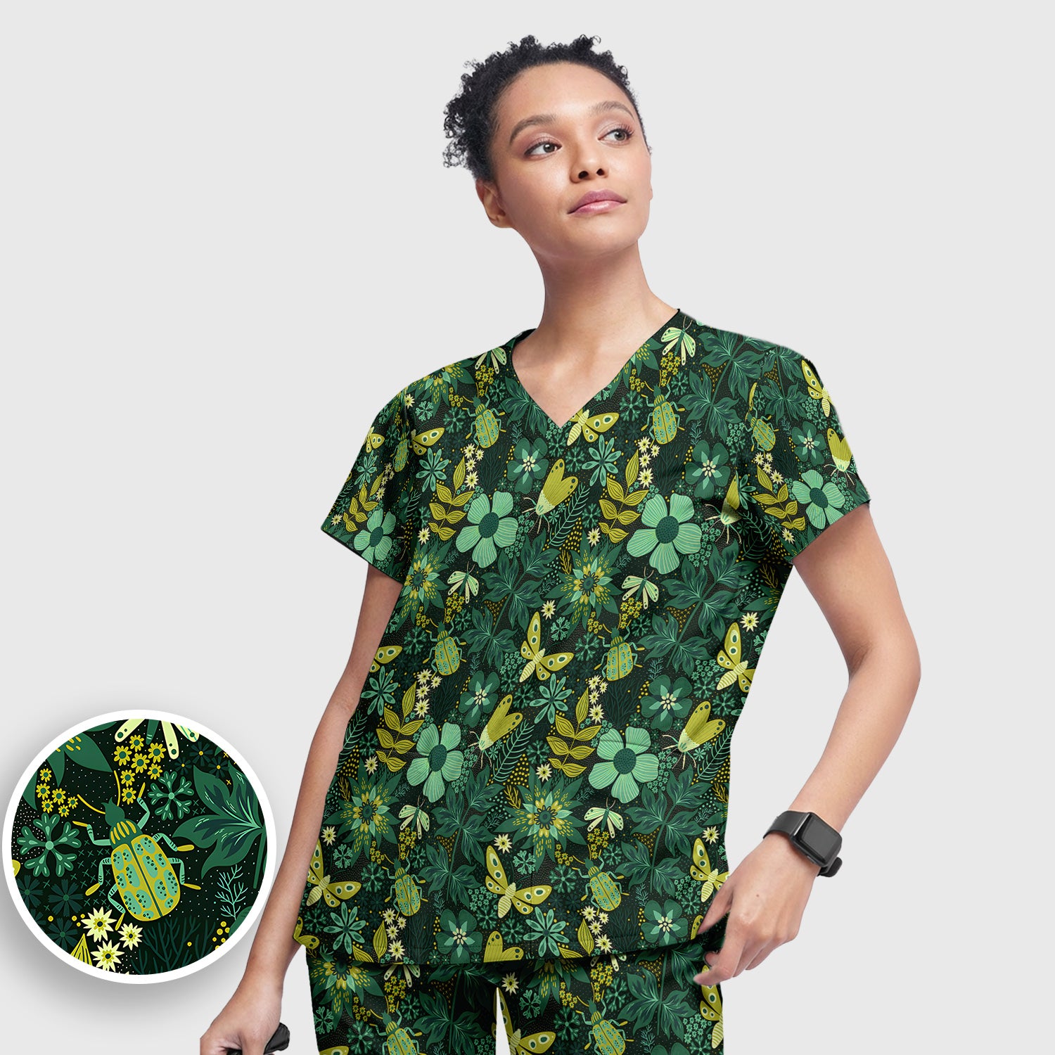 Green Botanical Butterfly Pattern Scrub Set, Scrub Pants and V Neck Top
