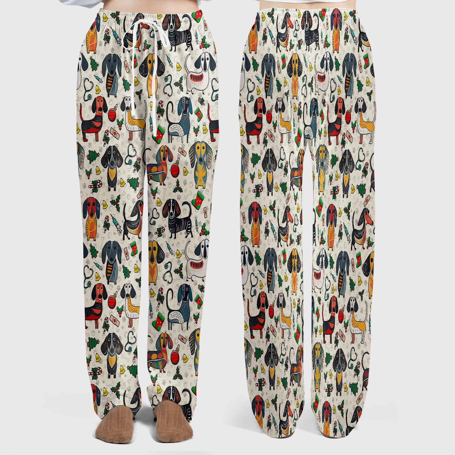 Christmas Wiener Dog Scrub Set - Funny Sausage Dog Pants and V Neck Top - Holiday Medical Uniform