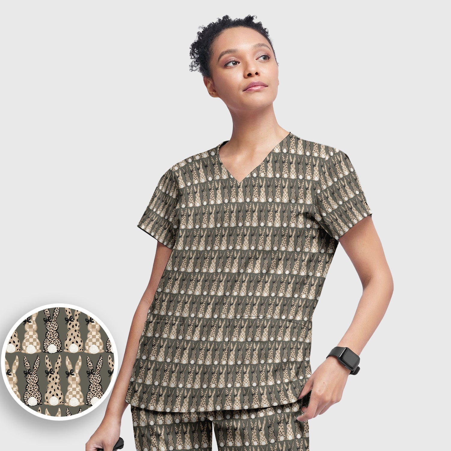 Vintage Bunny Pattern Beige Scrub Set, Scrub Pants and V Neck Top