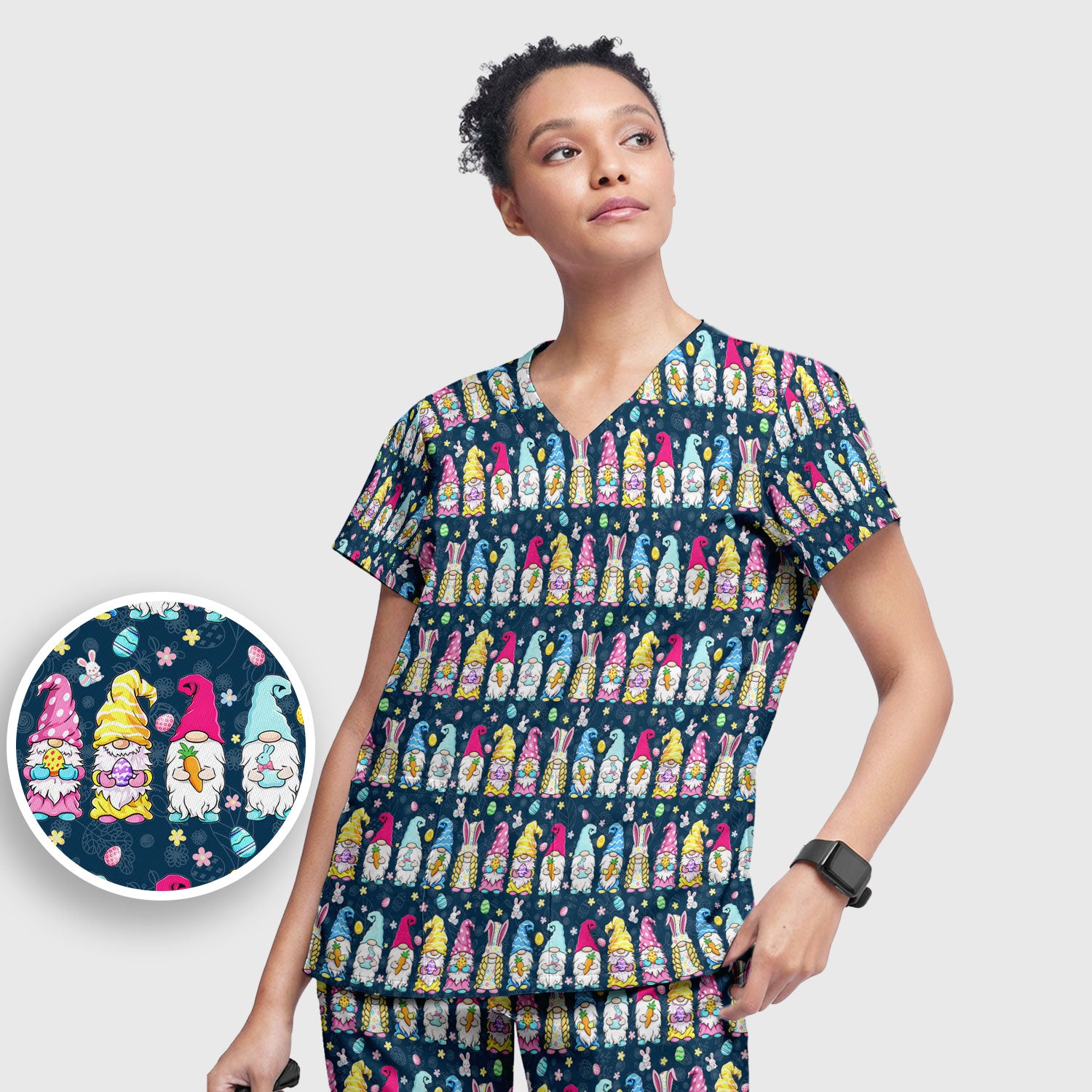 Colorful Easter Gnome Bunny Eggs Pattern Scrub Set, Women's Scrub Sets