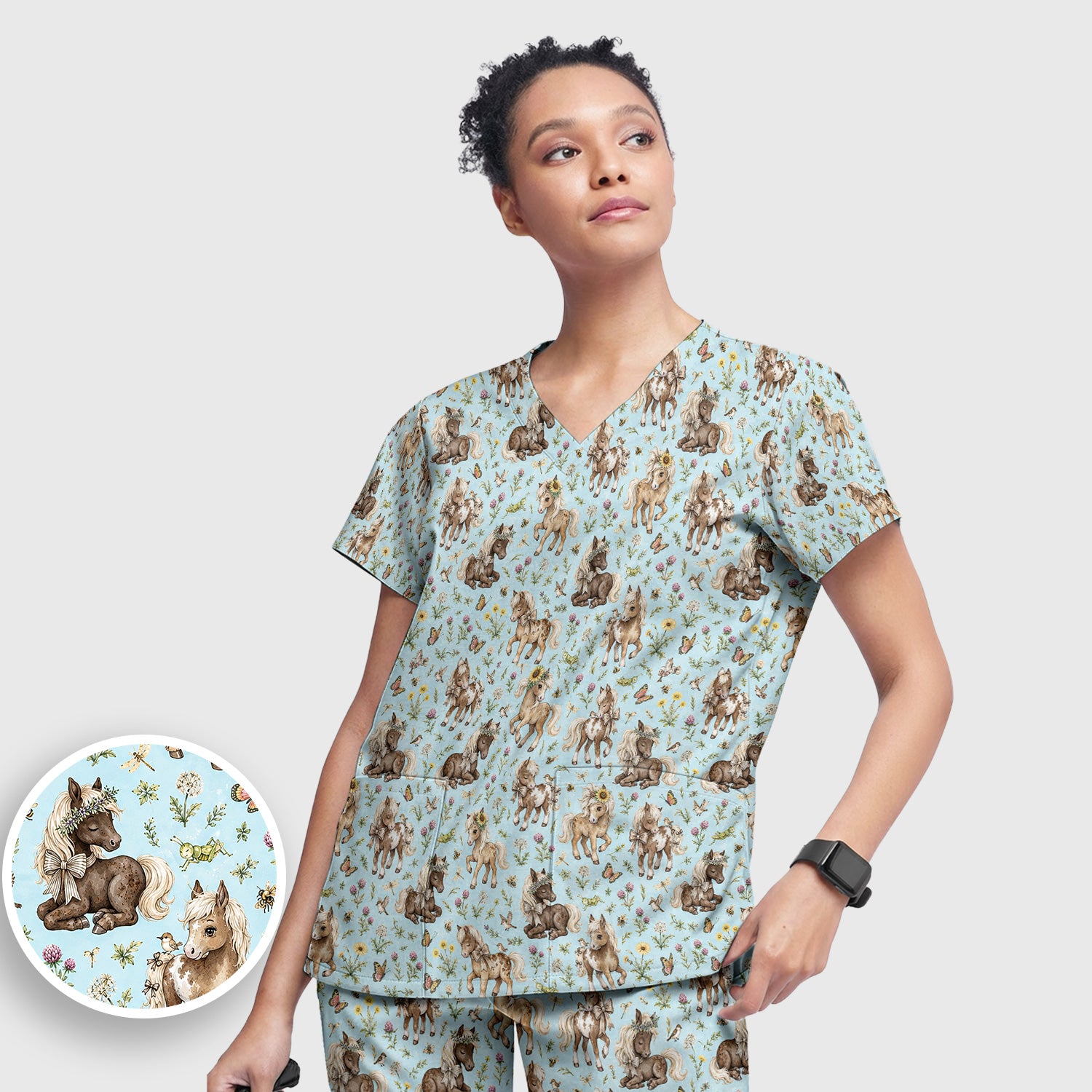 Cute Pony Garden with Butterfly Floral Meadow Print Scrub Set, Scrub Pants and V Neck Top