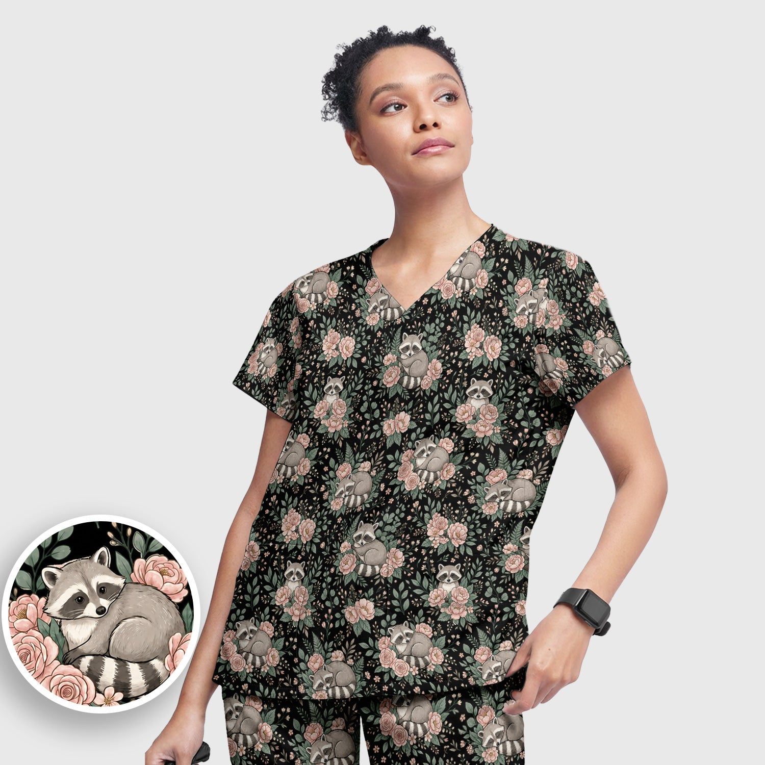 Sleeping Raccoon Rose Garden Pattern Scrub Set, Scrub Pants and V Neck Top