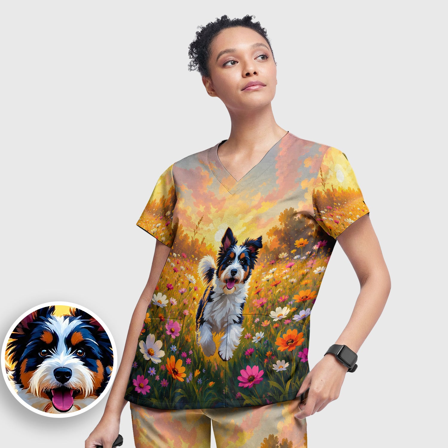 Cute Floral Meadow Dog Print Scrub Set, Scrub Pants and V Neck Top