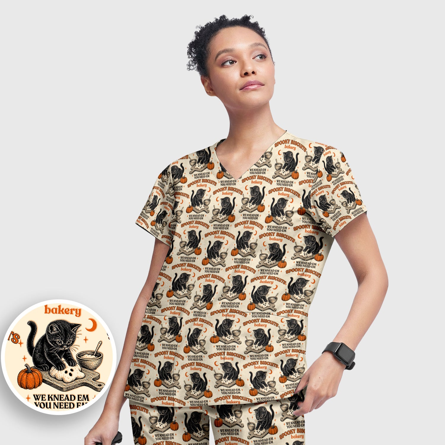 Funny Halloween Black Cat Scrub Set, Scrub Pants and V Neck Top