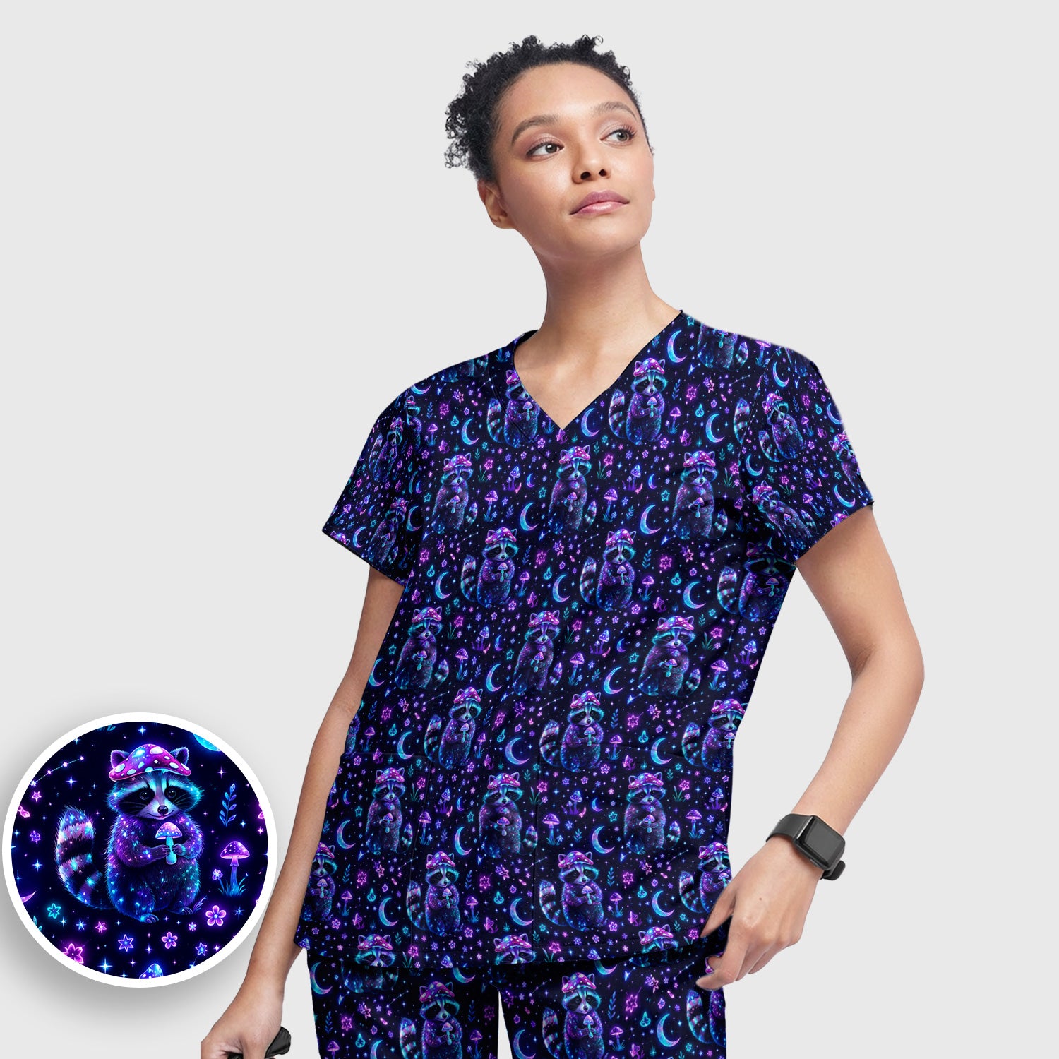 Neon Mushroom Raccoon Moonlight Pattern Scrub Set, Scrub Pants and V Neck Top