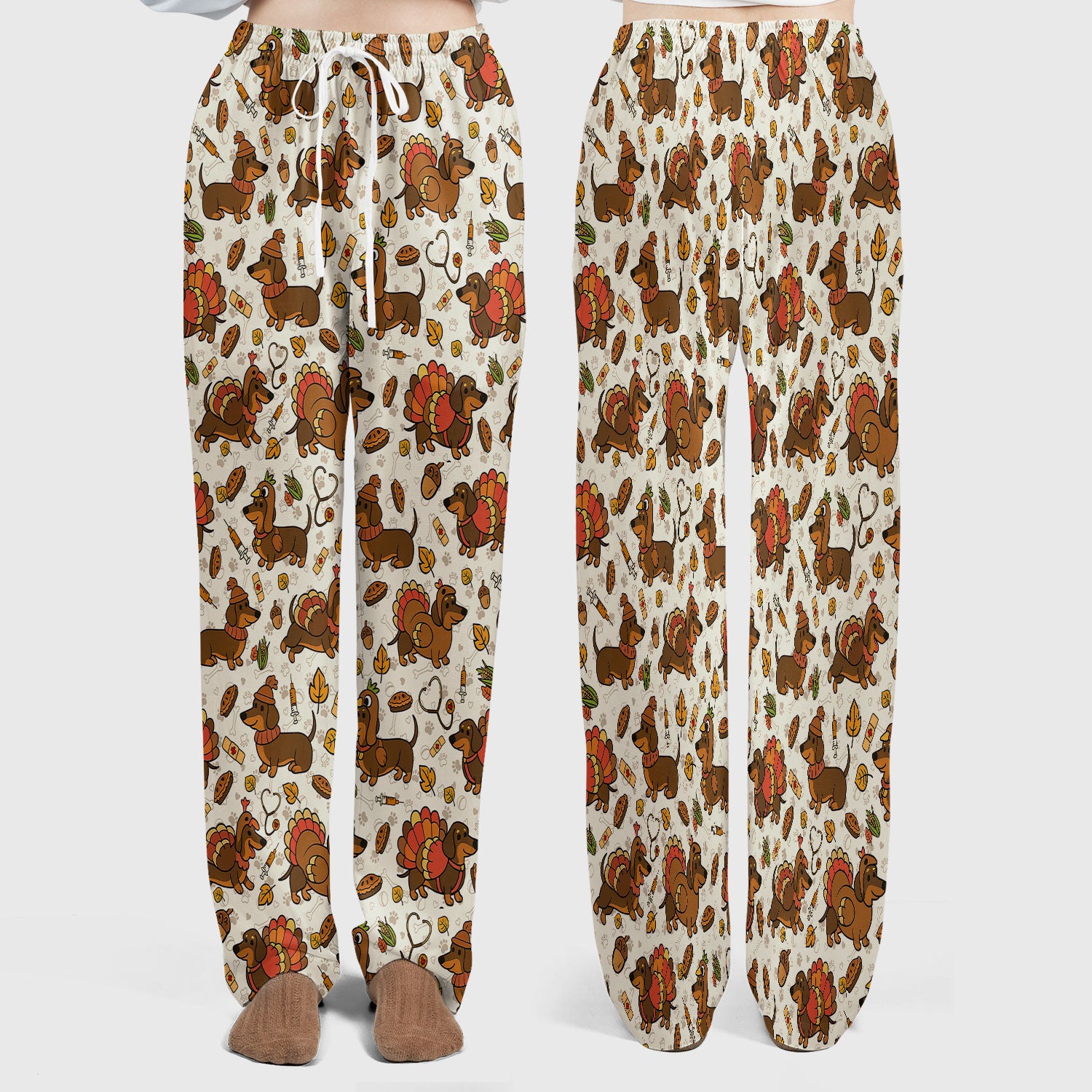 Thanksgiving Wiener Dog Scrub Set - Funny Dachshund Turkey Scrubs Pants and V Neck Top - Fall Winter Gift for Women