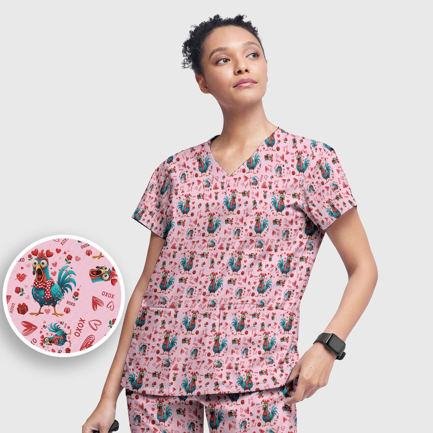 Funny Rooster Valentine Scrub Set, Cute Chicken XOXO Heart Pattern Nurse Shirt, Breathable Fabrics Nursing Uniform