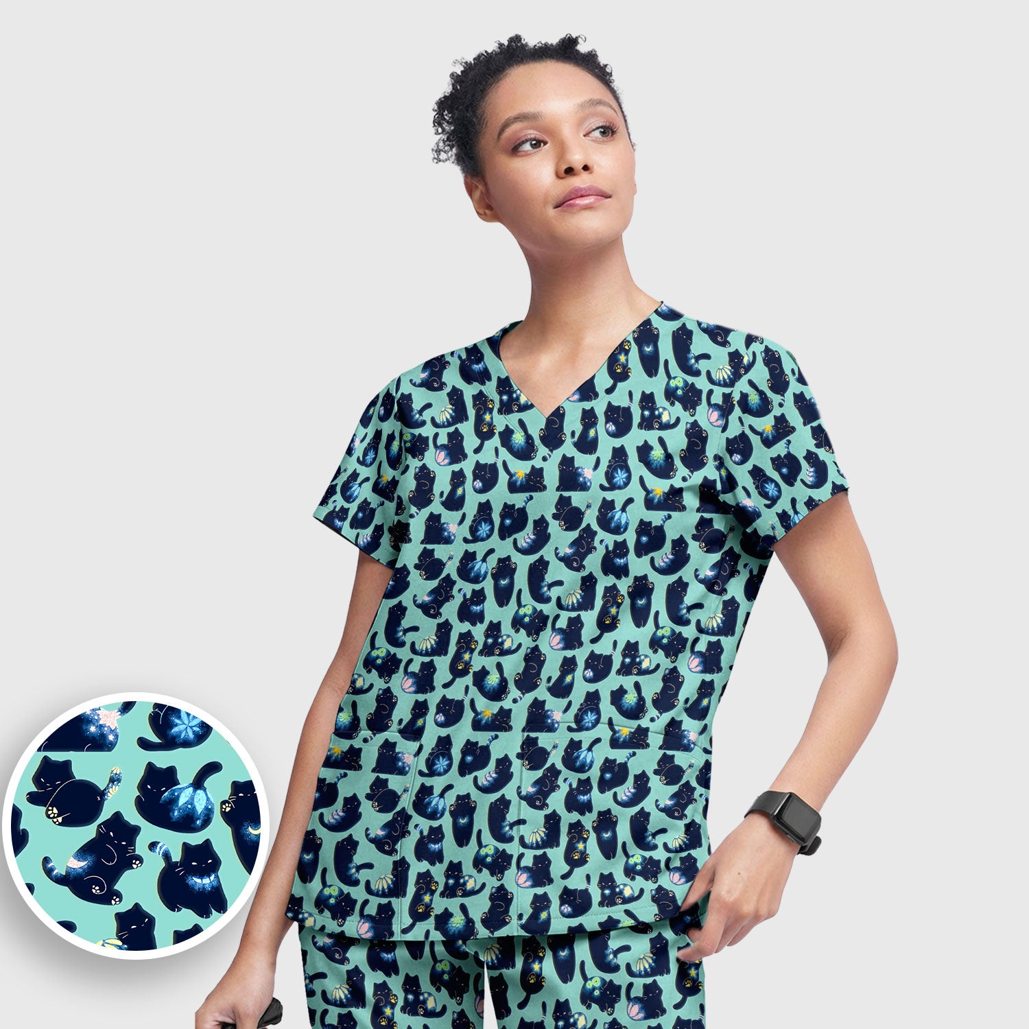 Midnight Cat Scrub Set, Black Cat Pattern Nurse Shirt, Breathable Fabrics Nursing Uniform