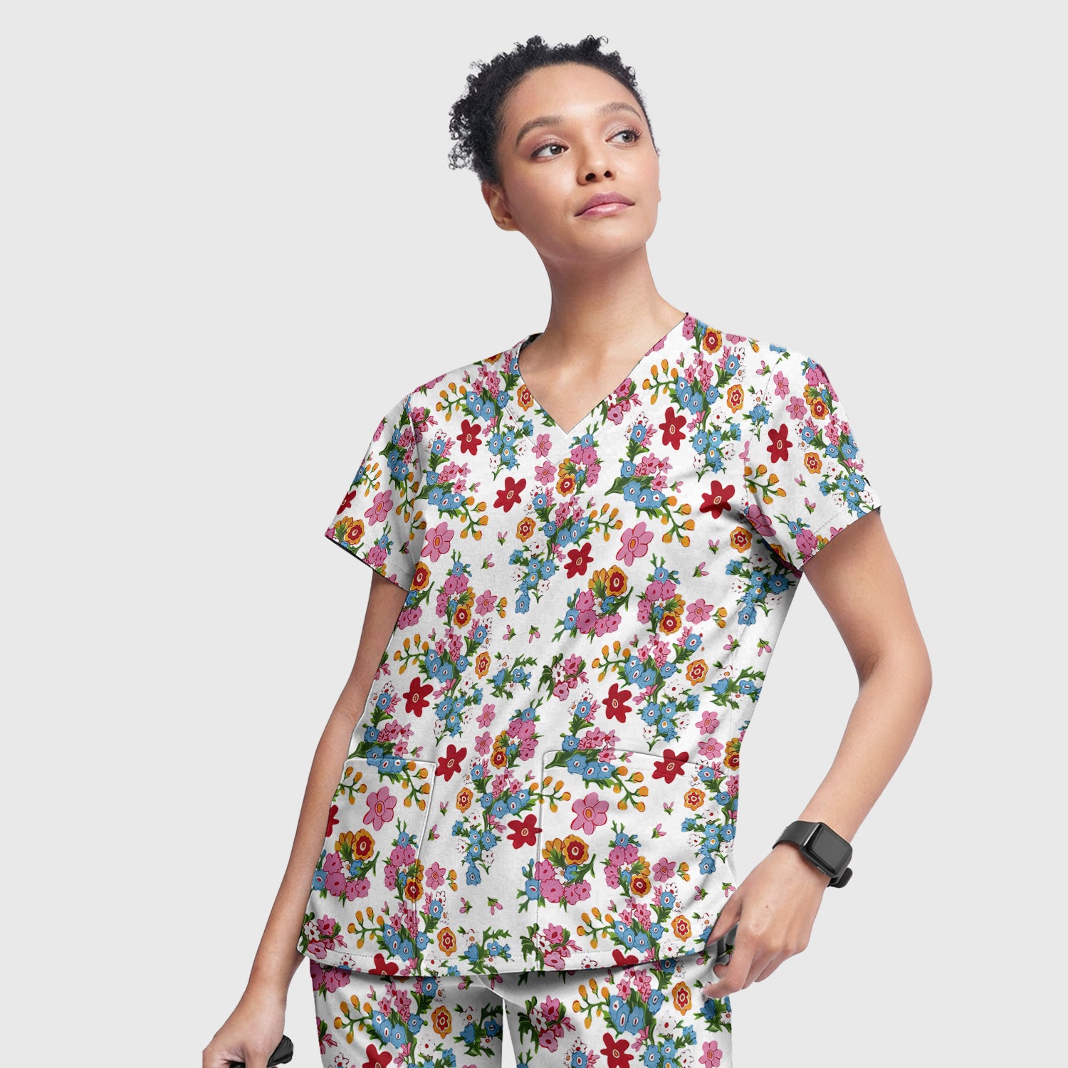 Charming Vintage Floral Bouquet Pattern Scrub Set, Nurse Uniform Scrubs Set