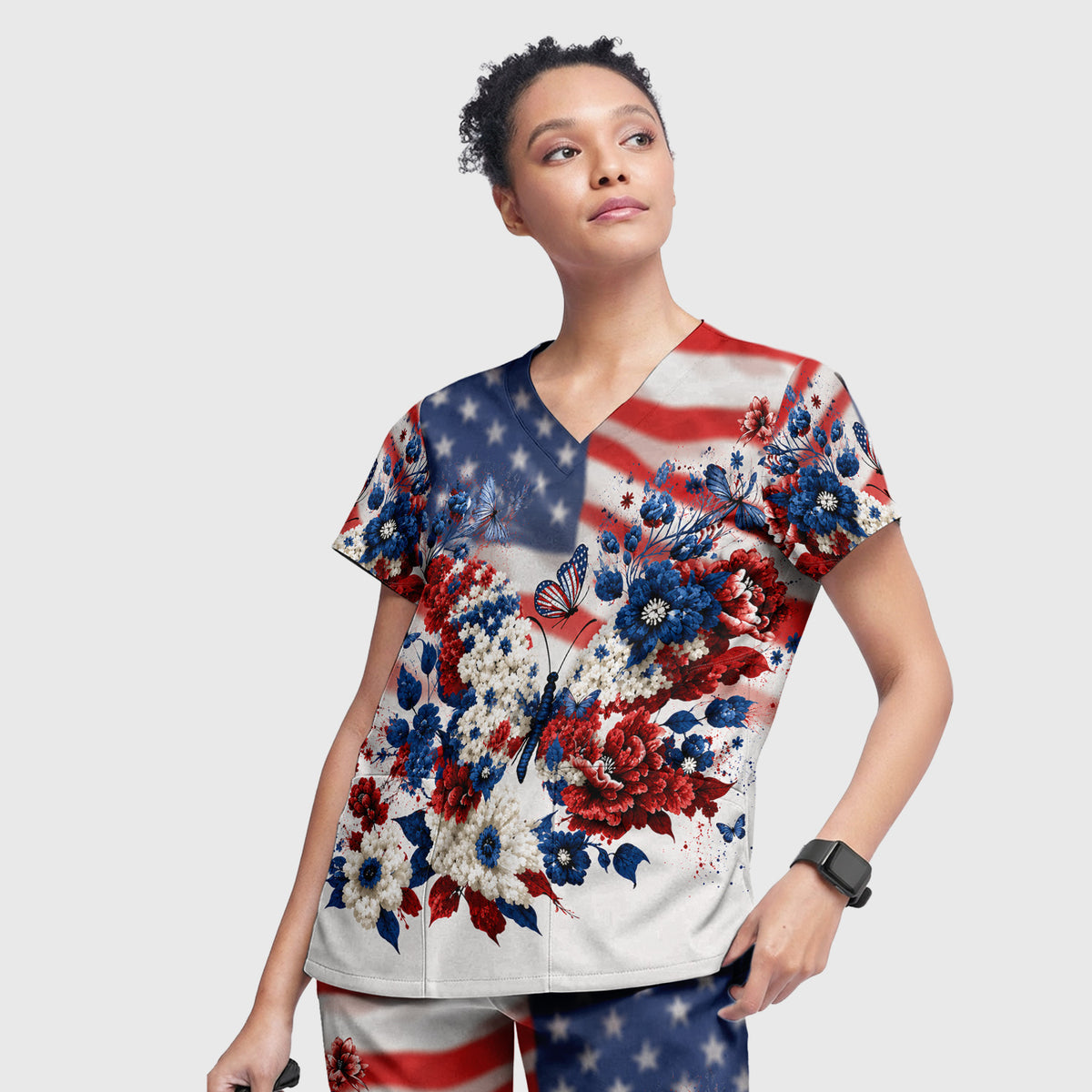 Patriotic Butterfly with Floral Print Scrub Set, Scrub Pants and V Neck Top
