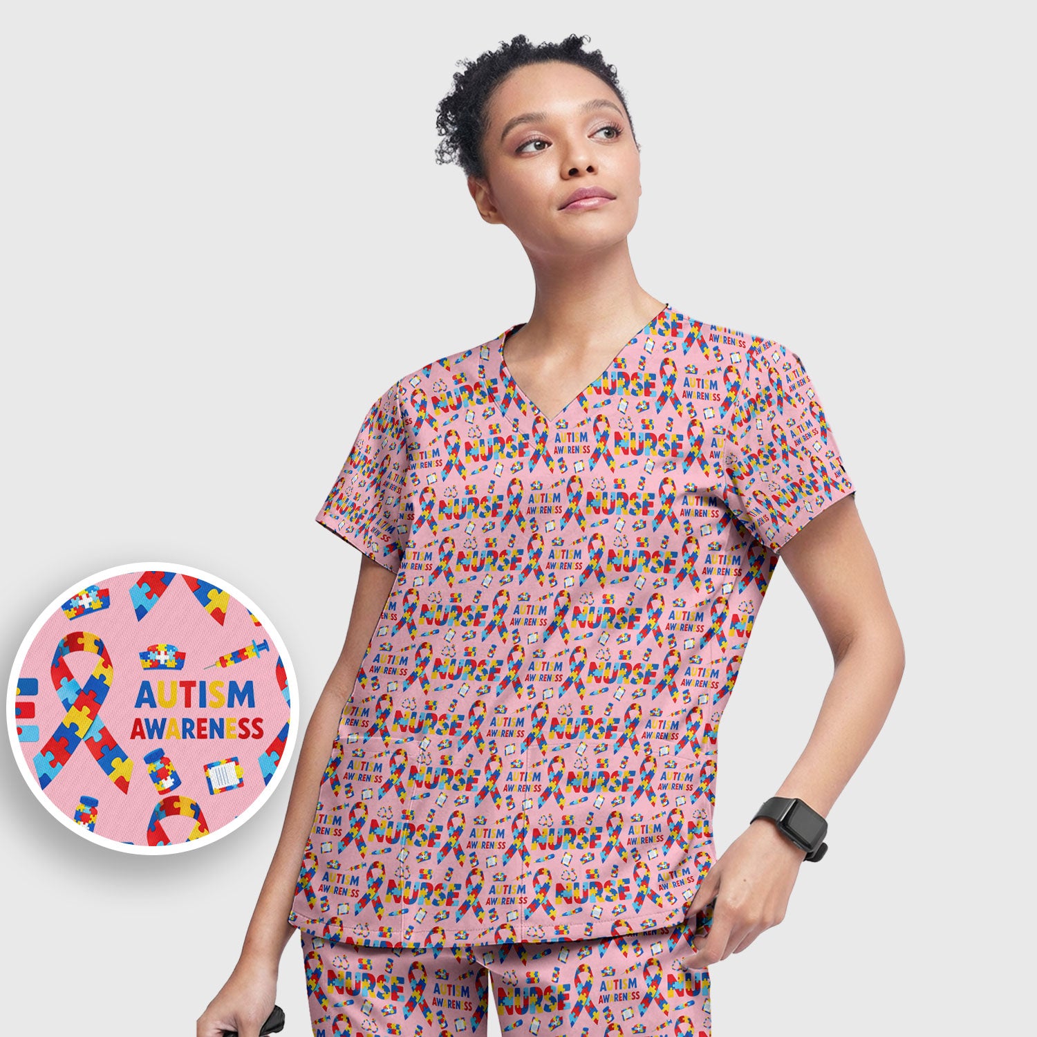 Autism Awareness Nurse Puzzle Ribbon Print Sets,  Breathable Med Uniform