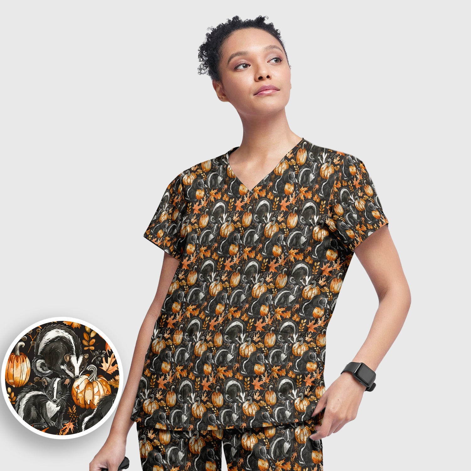 Skunk Pumpkin with Autumn Leaves Pattern Scrub Set, Scrub Pants and V Neck Top
