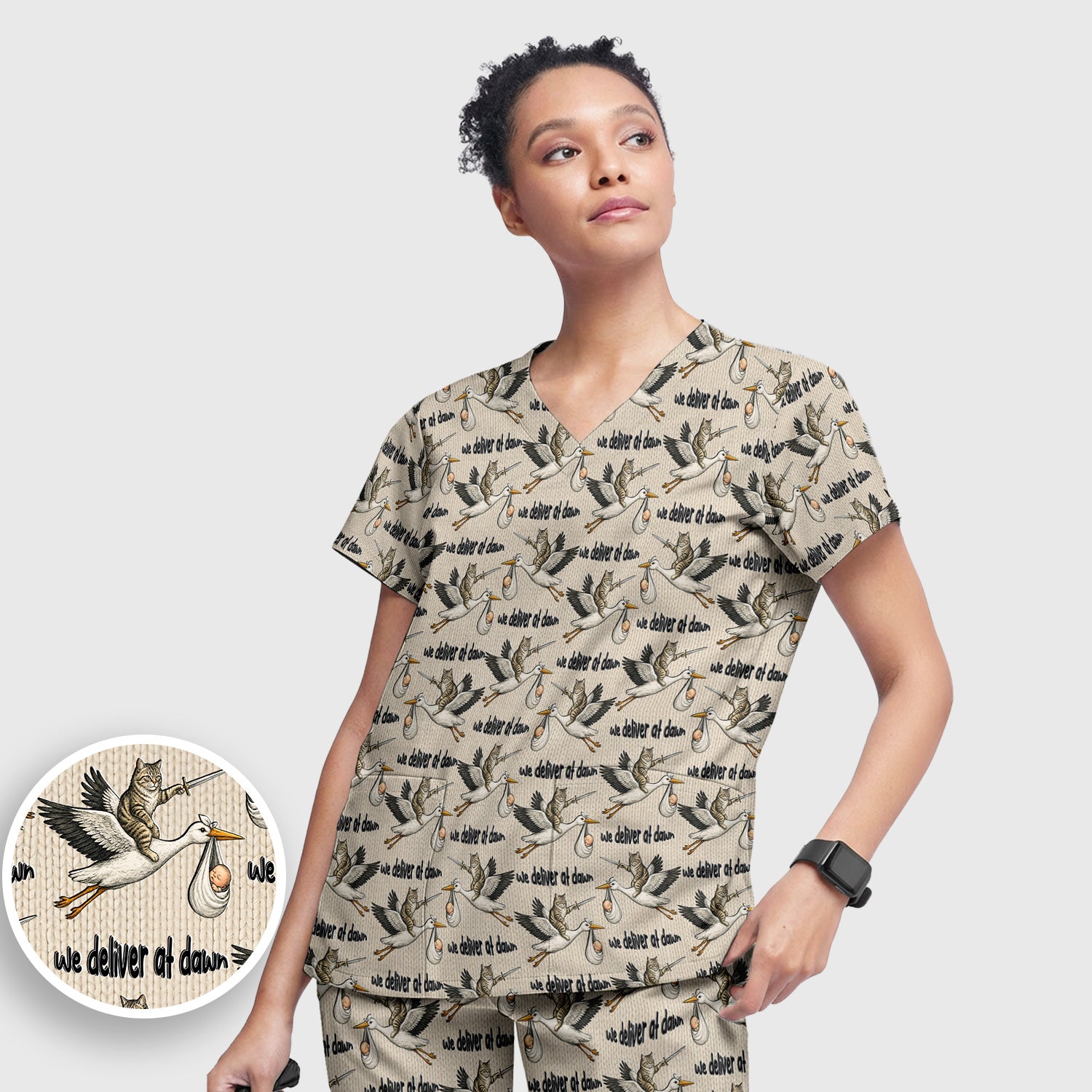 Funny Stork Cat Delivery Pattern Scrub Set, Scrub Pants and V Neck Top