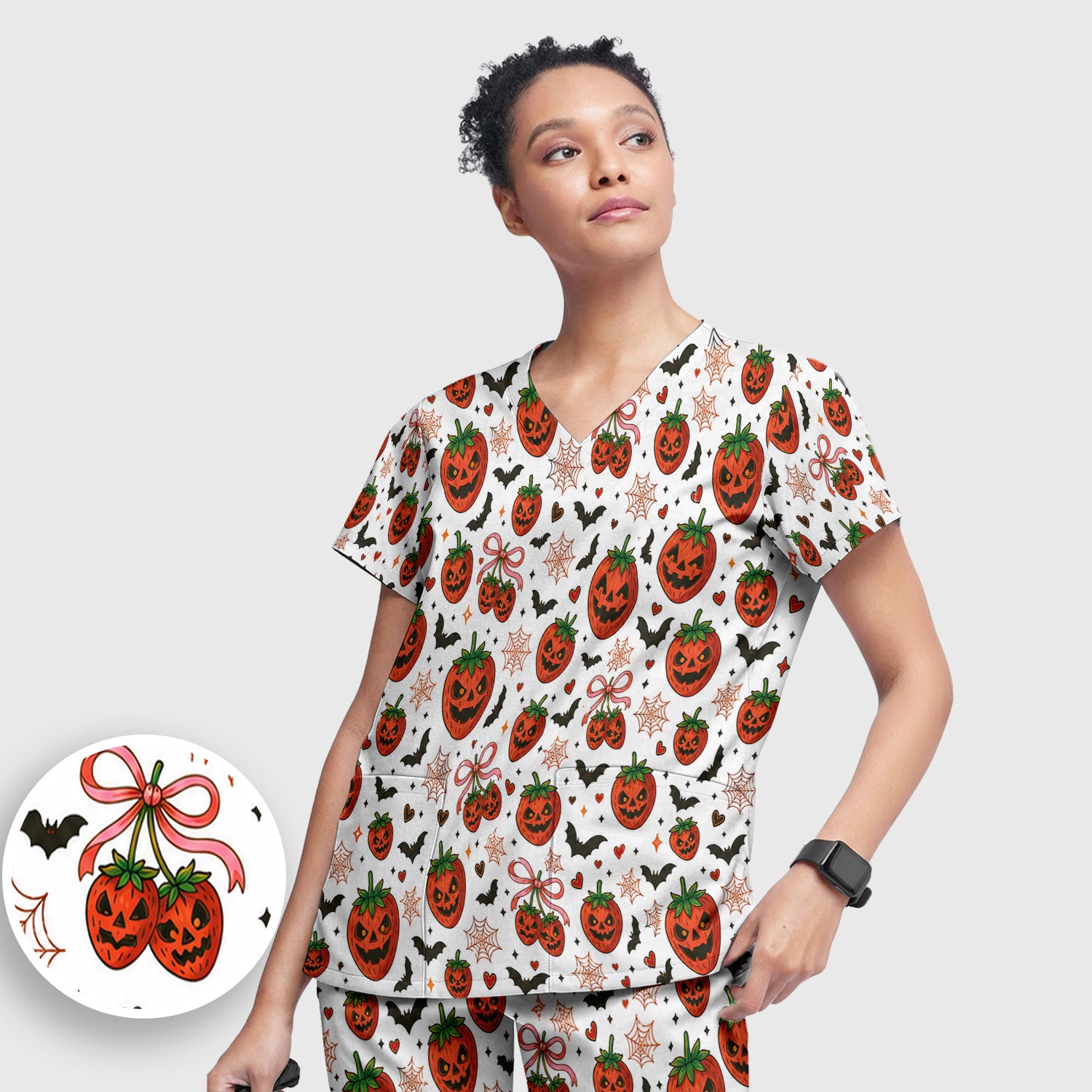 Sweet Halloween Strawberry Jack O Lanterns Scrub Set, Scrub Pants and V Neck Top