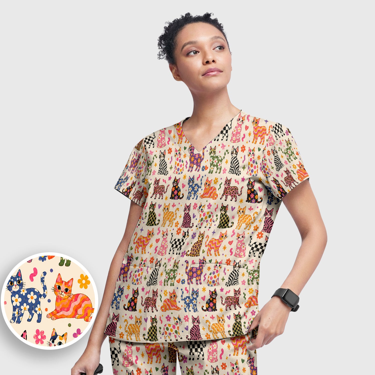 Colorful Cat with Floral Print Scrub Set, Scrub Pants and V Neck Top