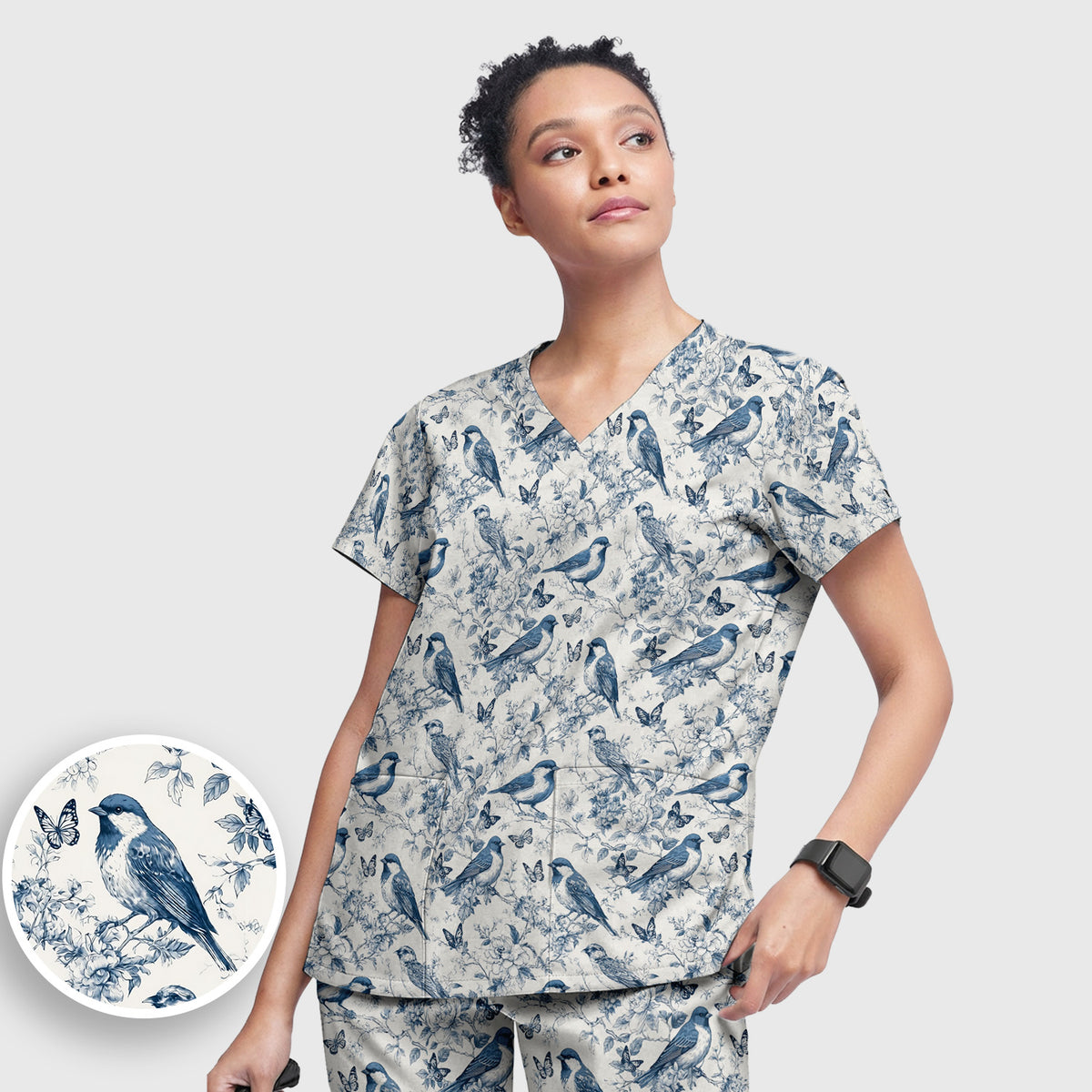 Blue Toile Songbird With Butterfly Print Scrub Set, Scrub Pants and V Neck Top