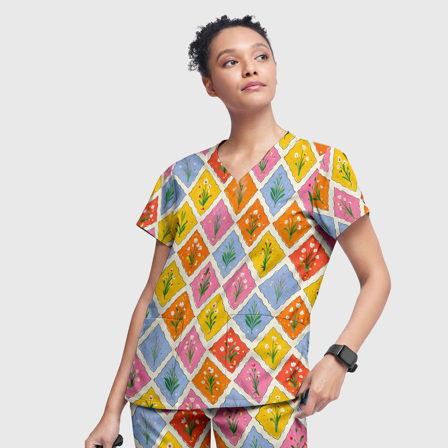 Cute Colorful Floral Tile Pattern Scrub Set, Women's Scrub Sets
