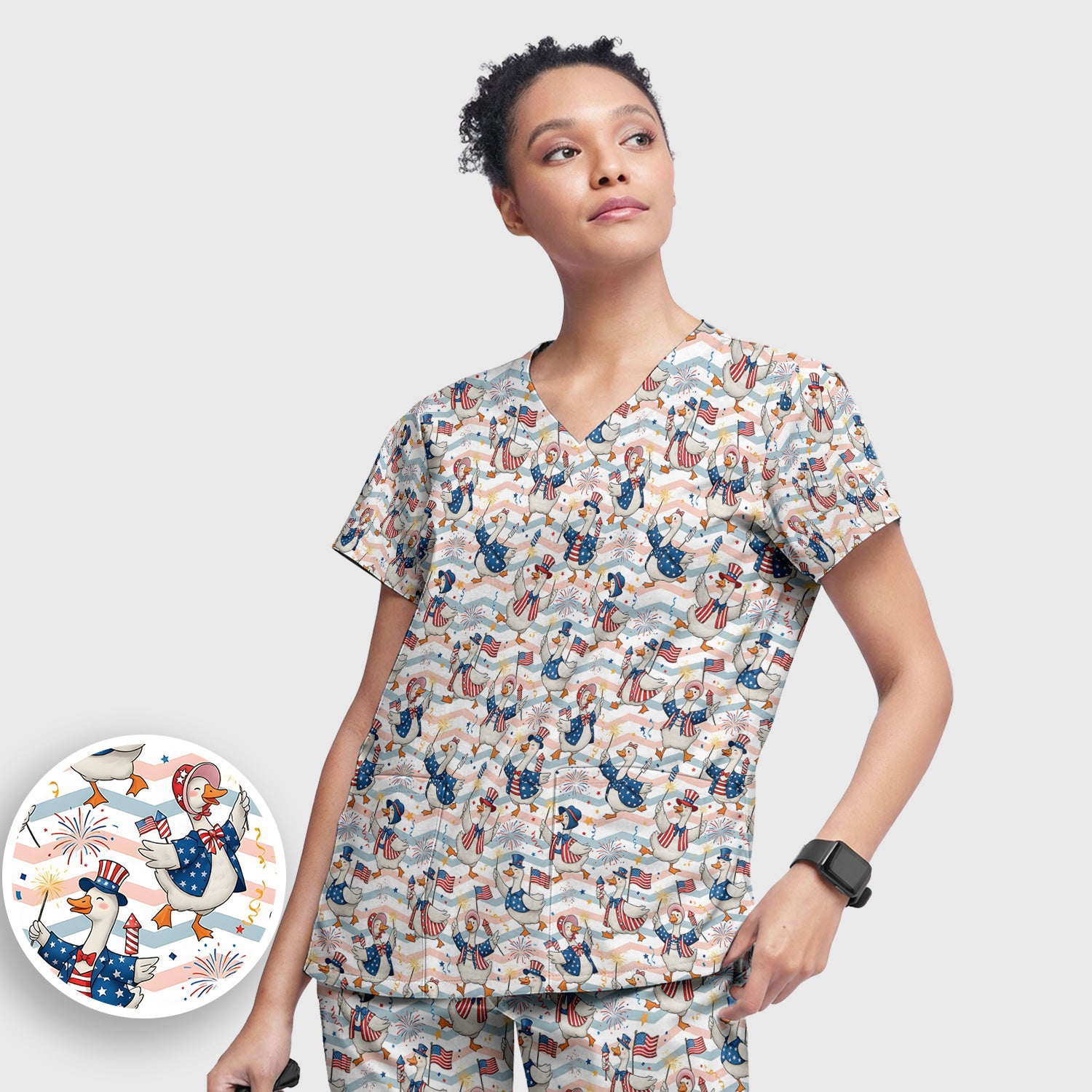 Patriotic Goose Fireworks Parade Pattern Scrub Set, Scrub Pants and V Neck Top