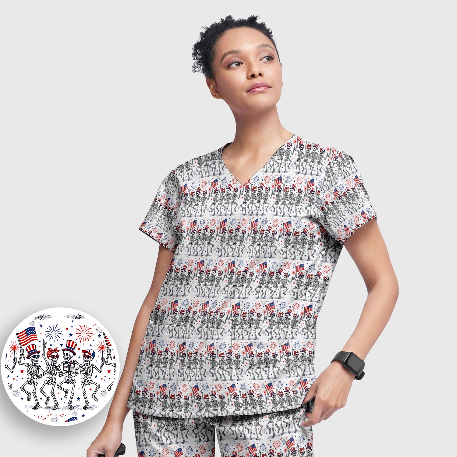Funny Patriotic Skeleton Pattern, July 4 Medical Scrub Set, Scrub Pants and V Neck Top