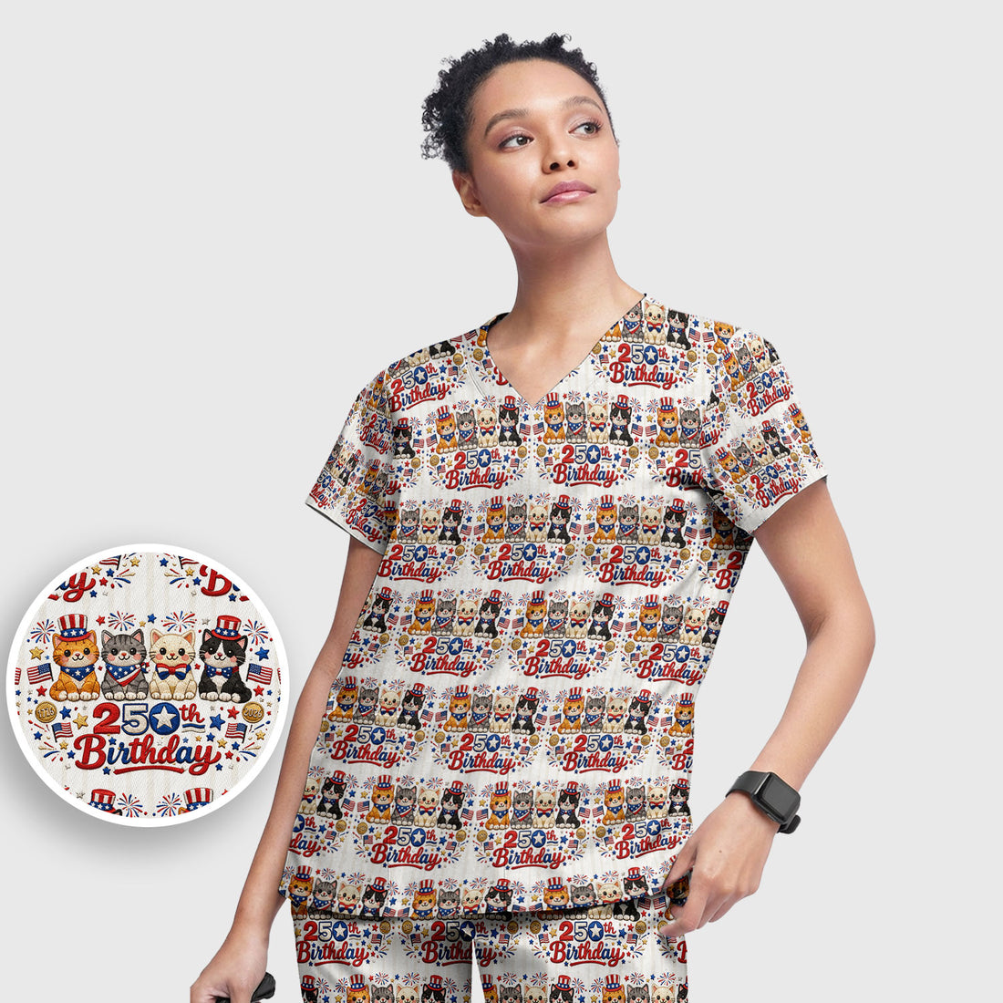 America 250th Anniversary Cat Pattern Scrub Set, Scrub Pants and V Neck Top