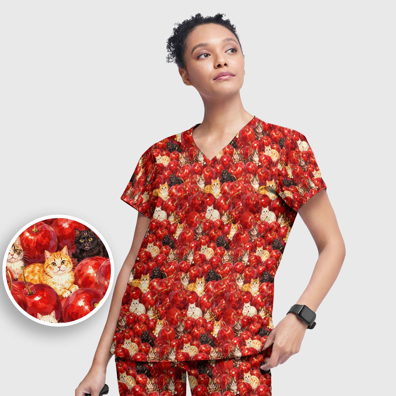 Cute Cat Cherry Pattern Scrub Set,  Scrub Pants and V Neck Top
