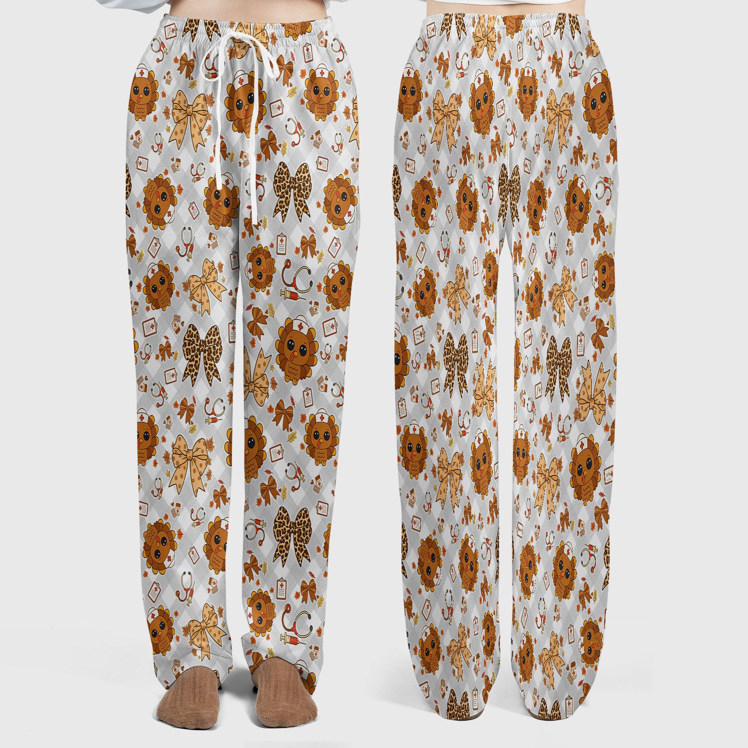 Thanksgiving Turkey Scrub Set for Nurses - Cute Fall Leaves and Bow Scrubs Pants and V Neck Top - Autumn Nursing Gift for Her