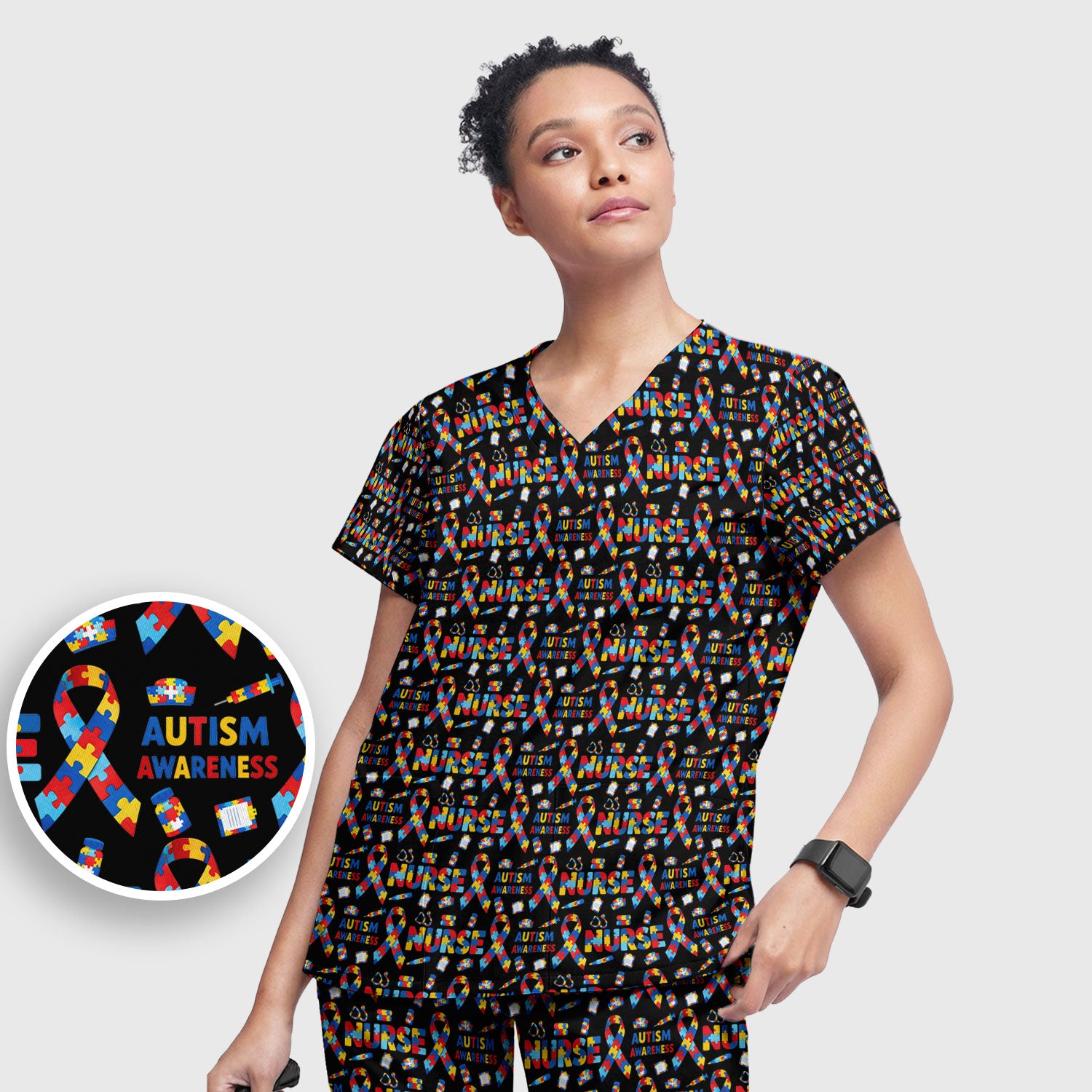 Autism Awareness Nurse Puzzle Ribbon Print Sets,  Breathable Med Uniform