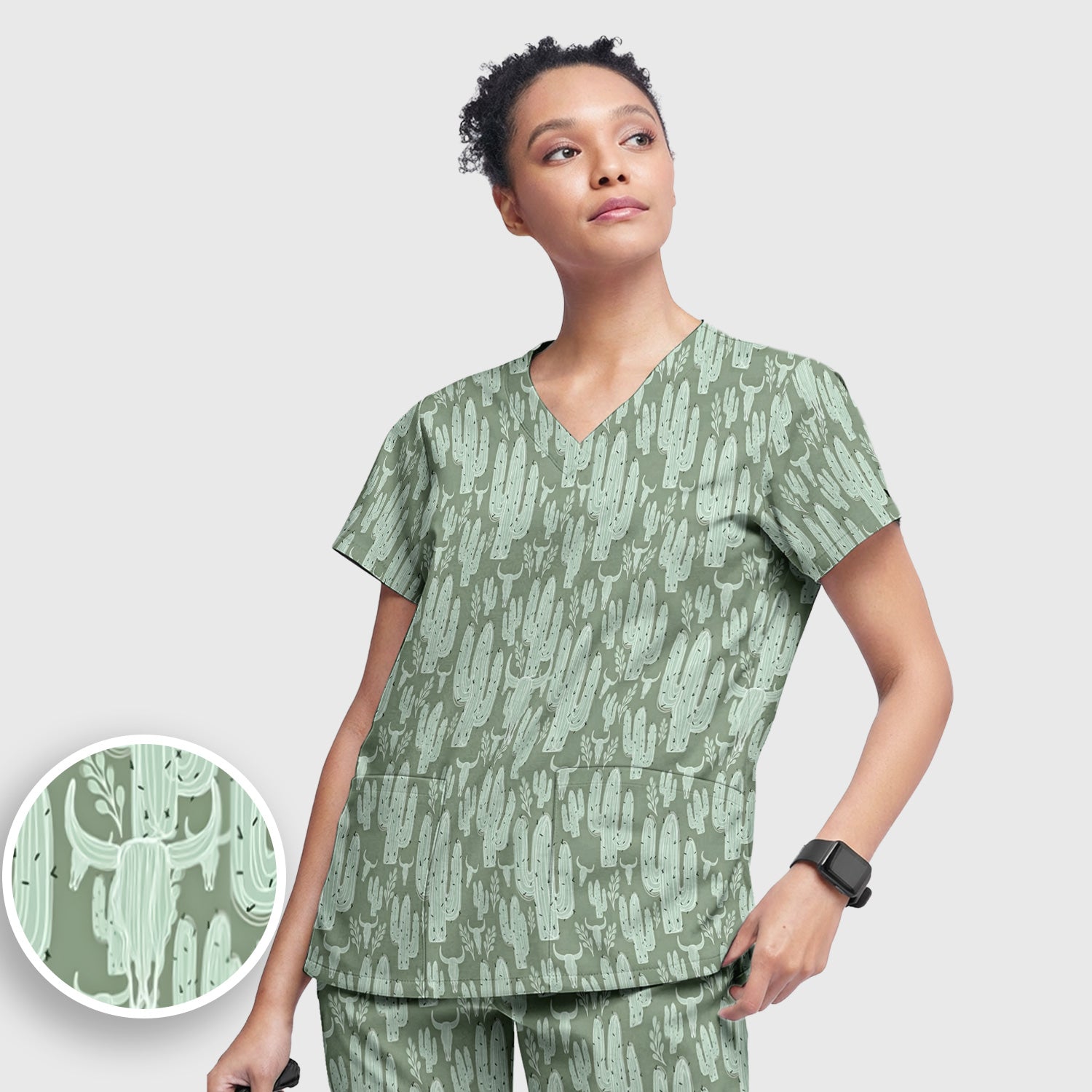 Funny Desert Cactus Skull Pattern Scrub Set, Scrub Pants and V Neck Top