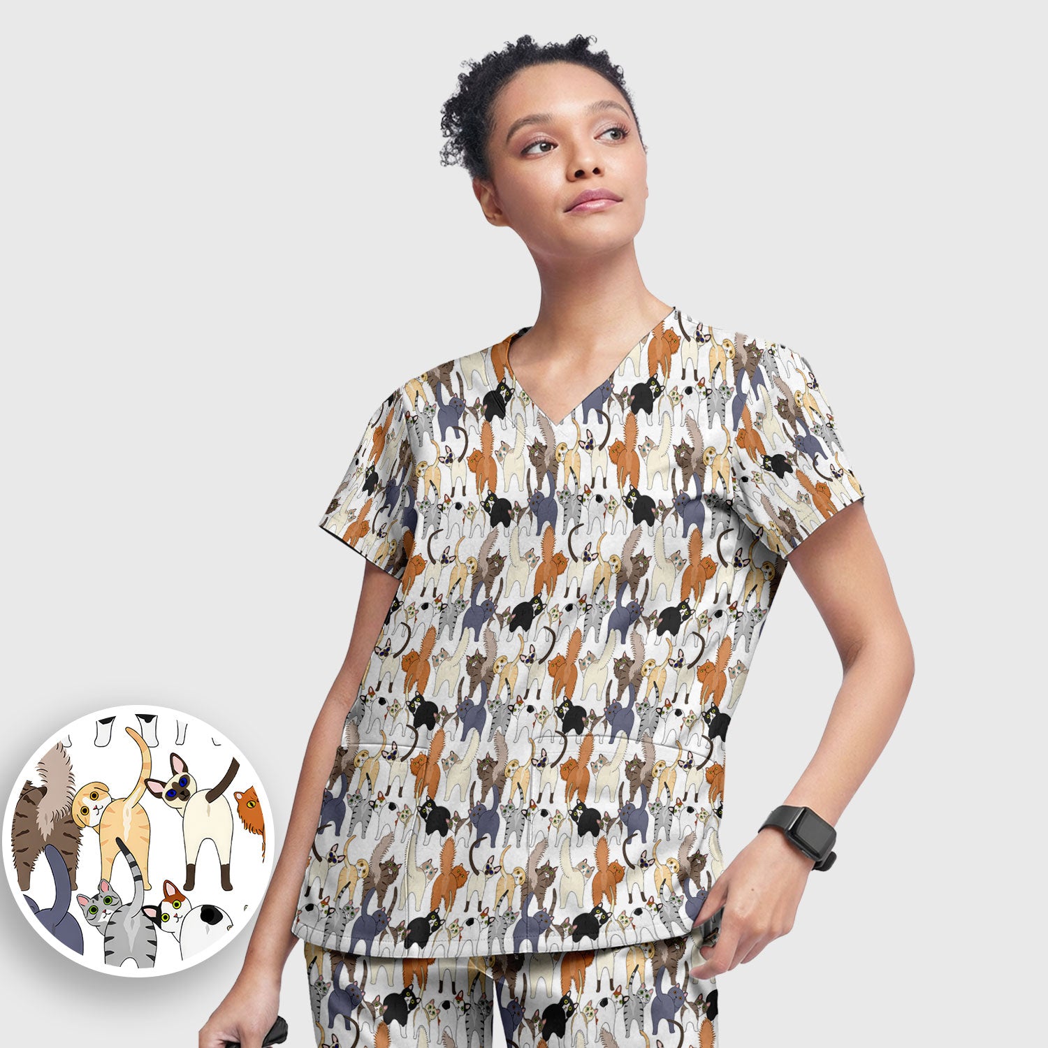 Whimsical Multicolor Cat Cartoon Pattern Scrub Set, Breathable Med Uniform