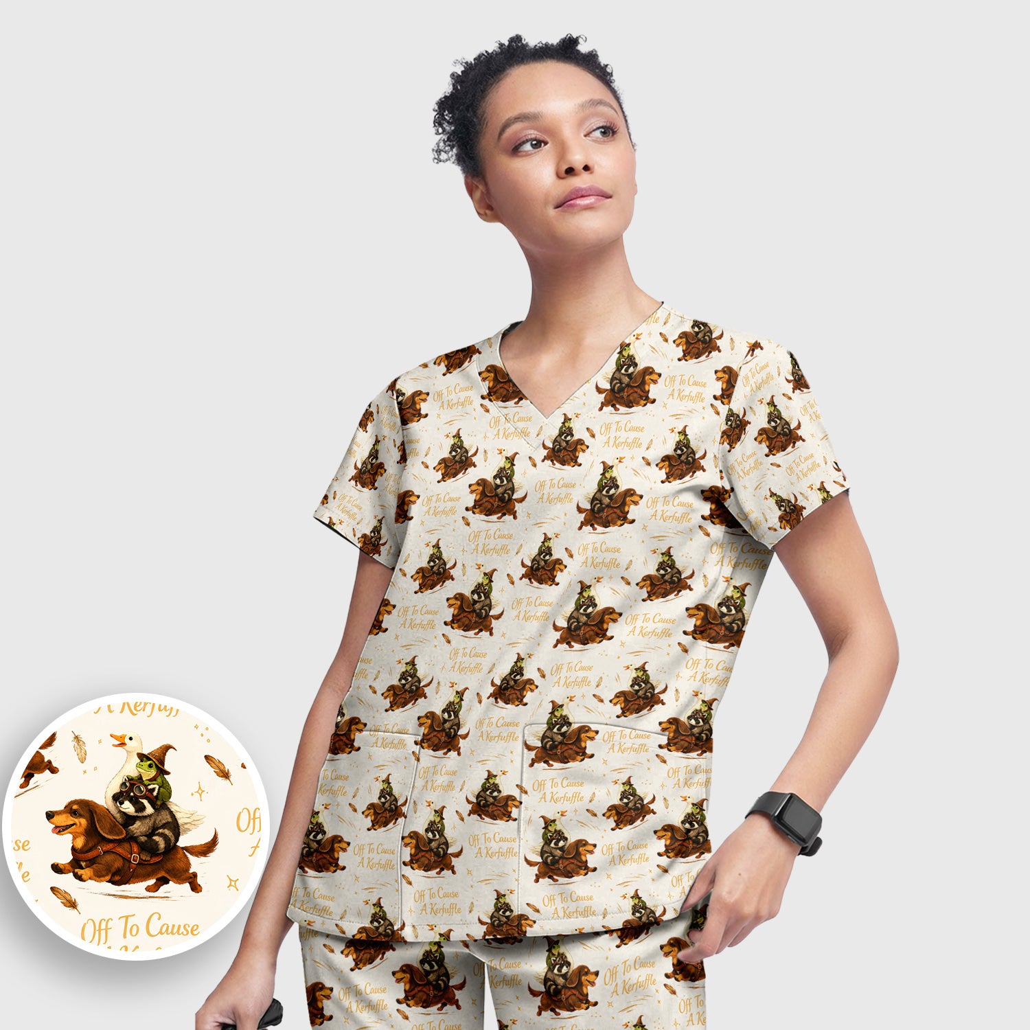 Funny Halloween Off To Cause A Kerfuffle Pattern Scrub Set, Scrub Pants and V Neck Top
