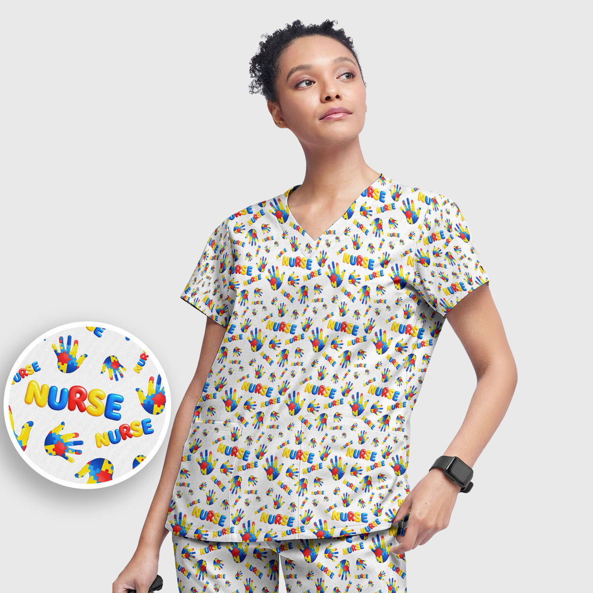 Colorful Autism Handprint Nurse Pattern Scrubs Set, Scrub Pants and V Neck Top
