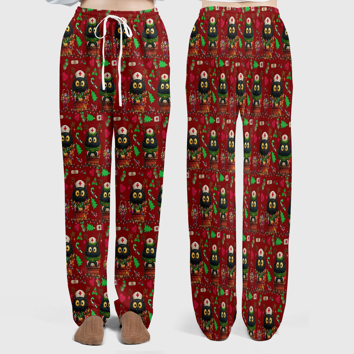 Christmas Black Cat Scrub Set for Nurse - Cute Reindeer Cat with Xmas Lights Pants and V Neck Top - Festive Holiday Medical Uniform