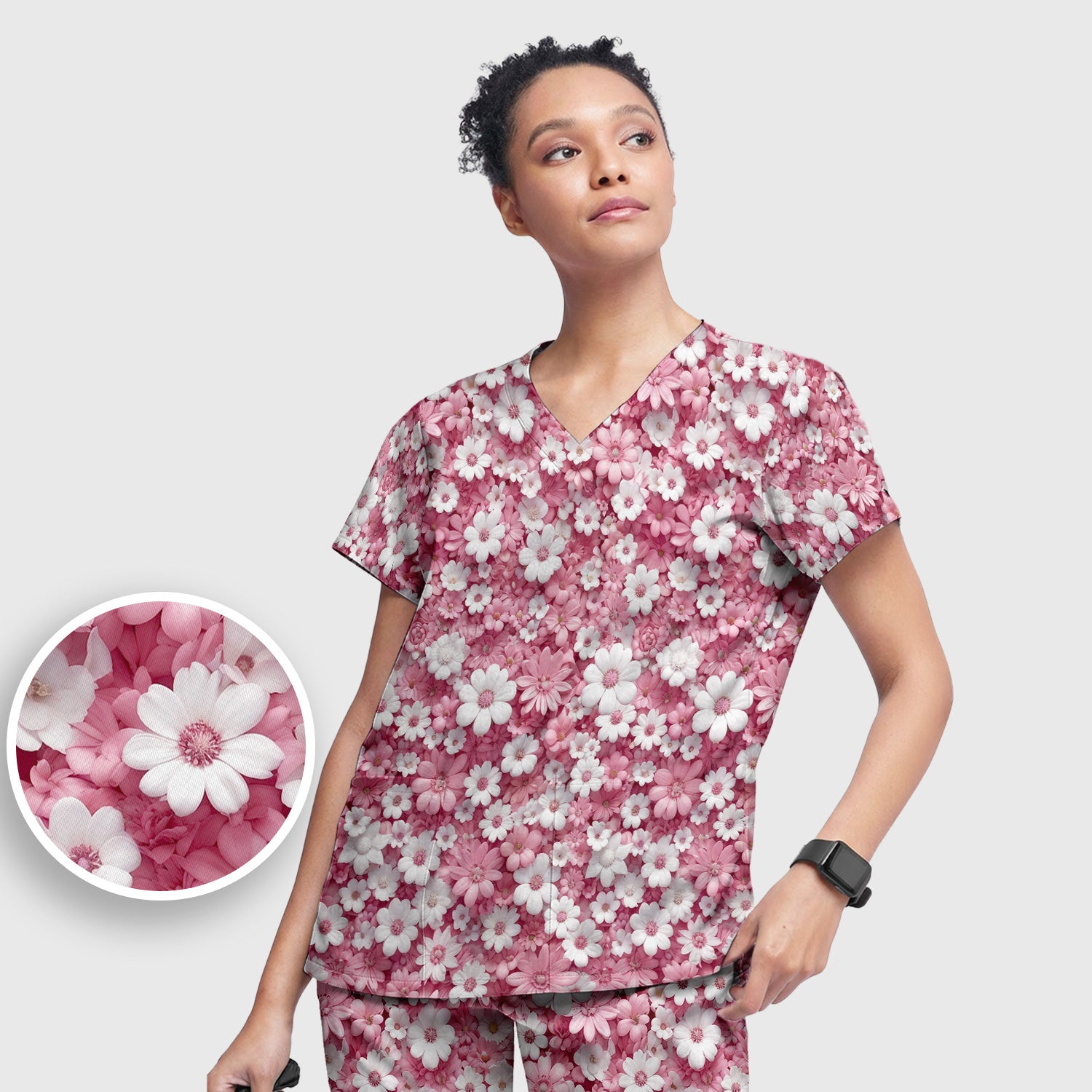 Cute Daisy Flower Bloom Pattern Scrub Set, Scrub Pants and V Neck Top