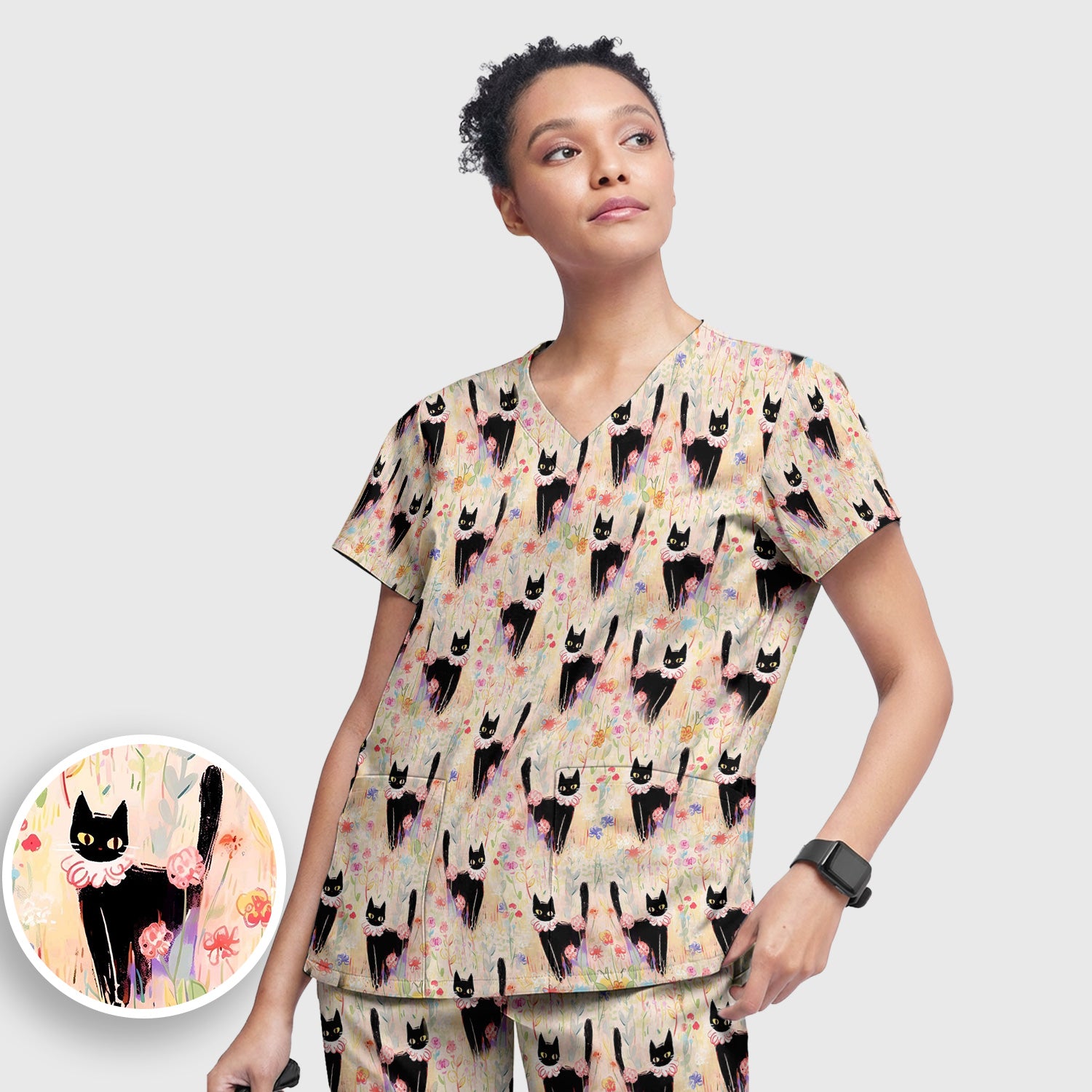 Black Cat Floral Garden Nurse Pattern Scrub Set, Scrub Pants and V Neck Top