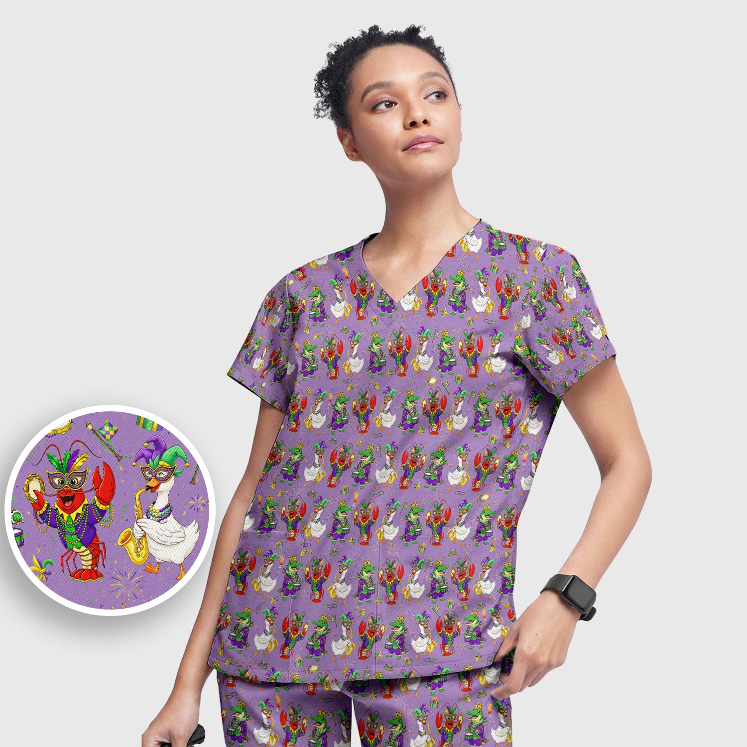 Crawfish And Duck Carnival Scrub Set, Mardi Gras Parade Pattern Nurse Shirt, Breathable Fabrics Nursing Uniform