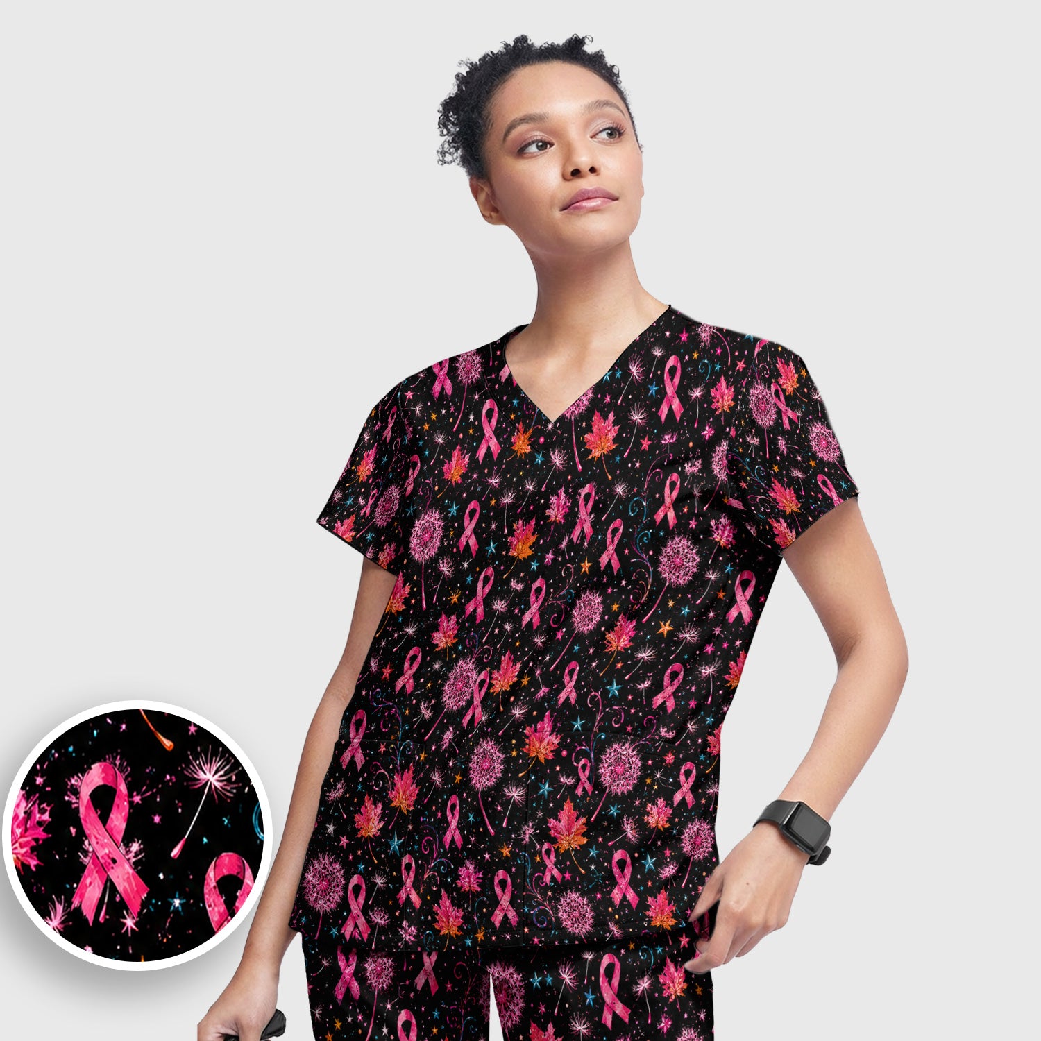 Breast Cancer Awareness Pink Ribbon Fall Scrub Set, Scrub Pants and V Neck Top