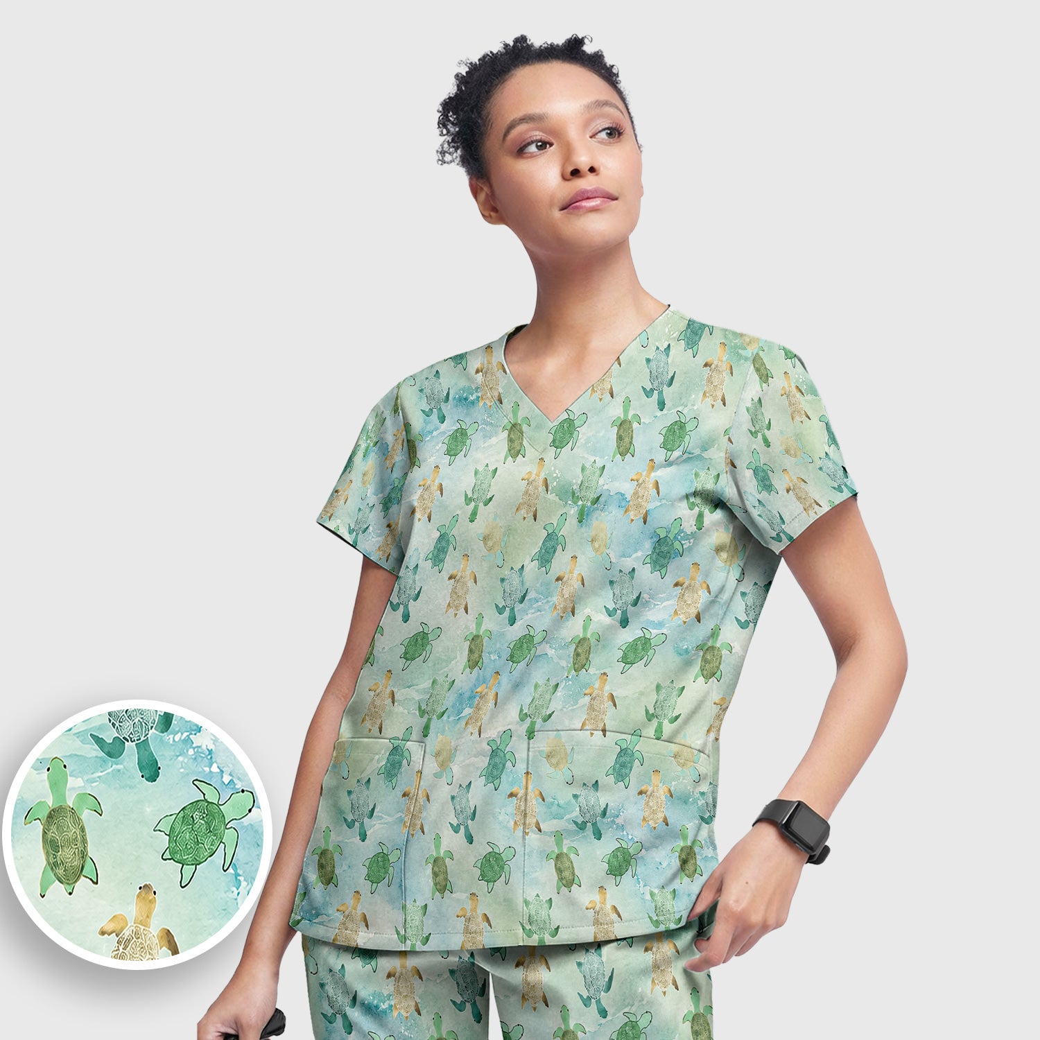 Watercolor Sea Turtle Pattern Scrub Set, Scrub Pants and V Neck Top