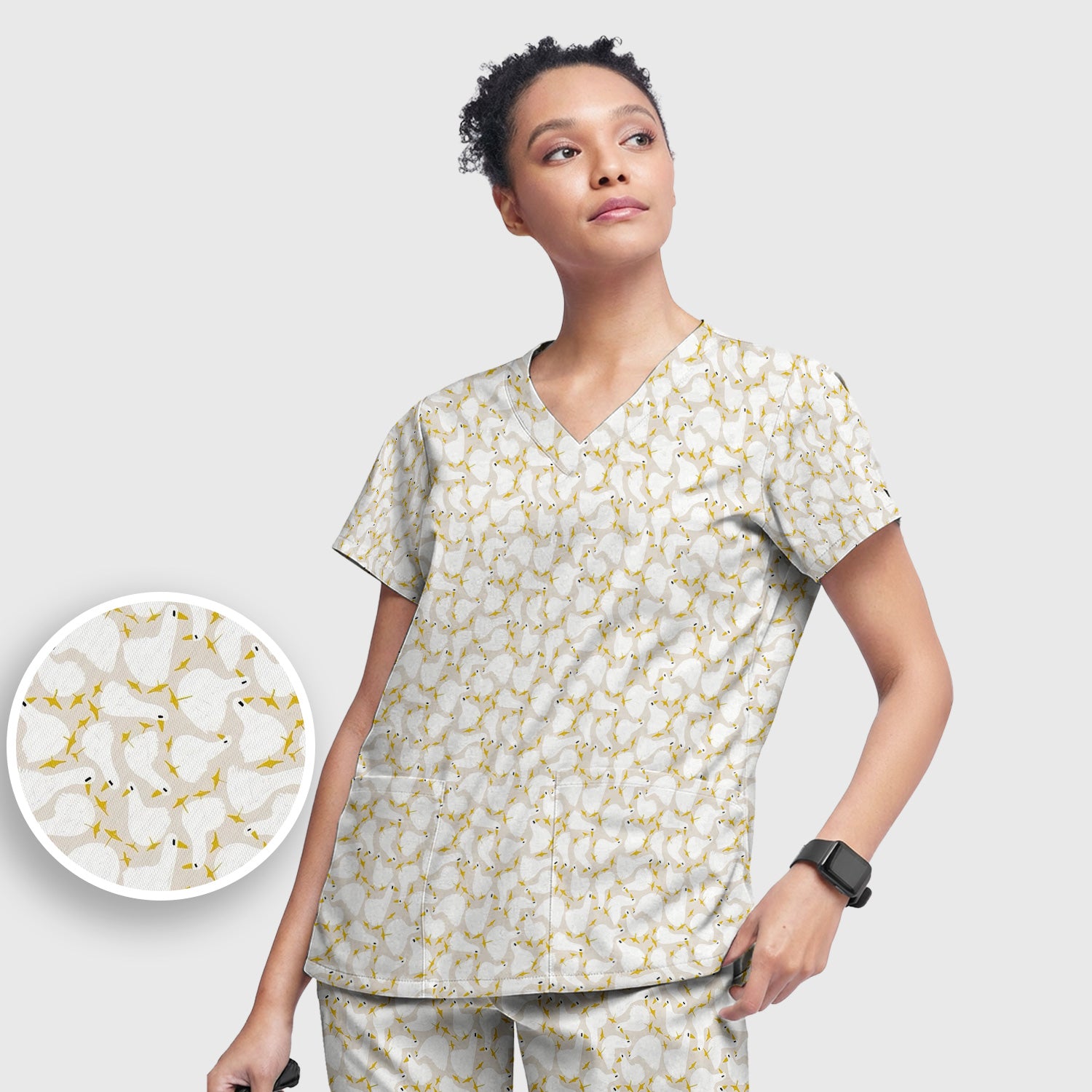 Cute White Goose Yellow Star Pattern Scrub Set, Scrub Pants and V Neck Top