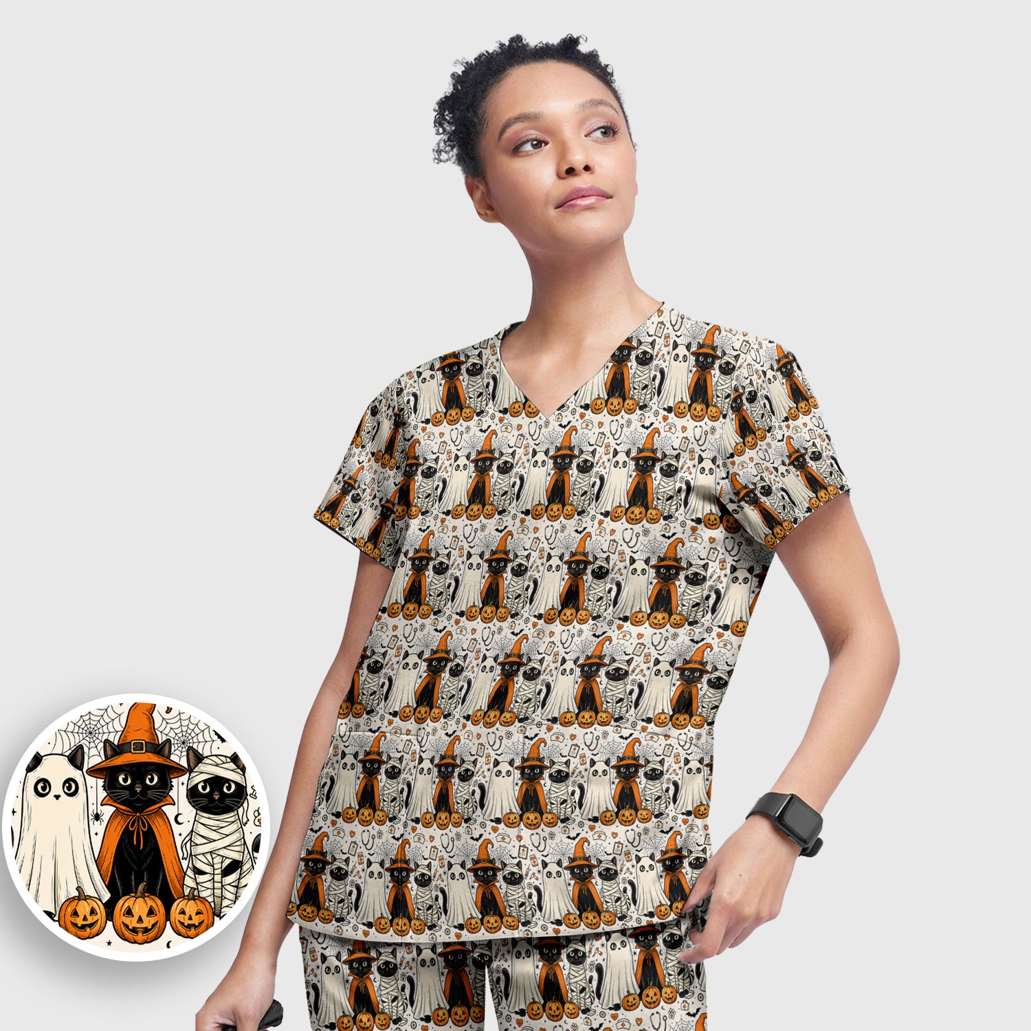Spooky Halloween Costume Cats Scrub Set, Scrub Pants and V Neck Top