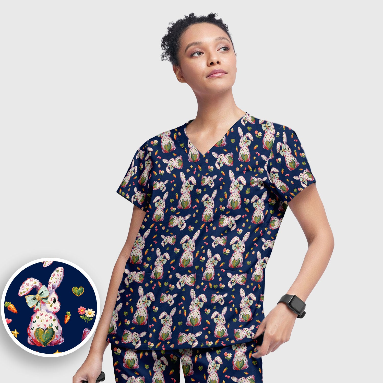 Cute Pastel Bunny Easter Pattern Scrub Set, Scrub Pants and V Neck Top