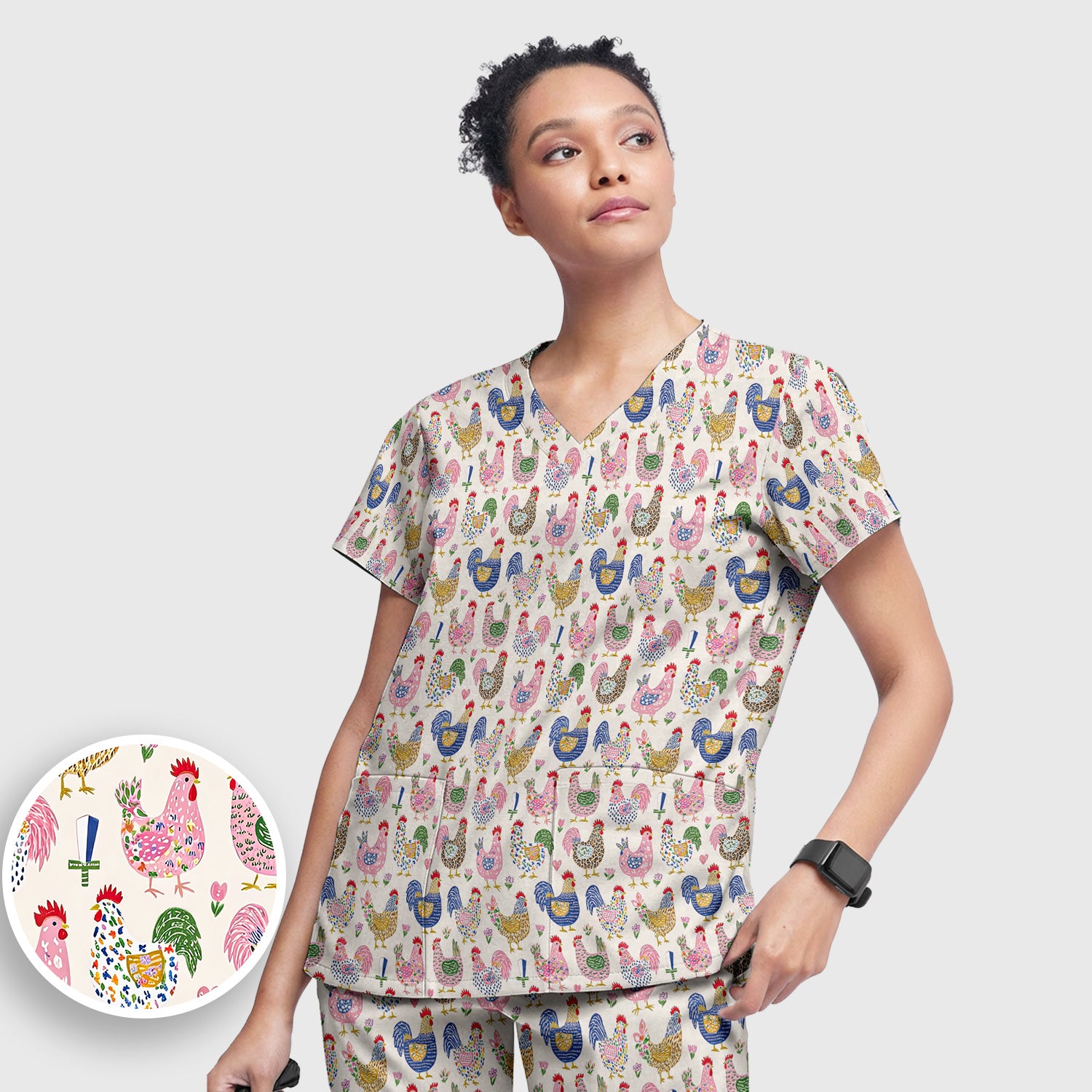 Funny Chicken Rooster Pattern Scrub Set, Women's Scrub Sets