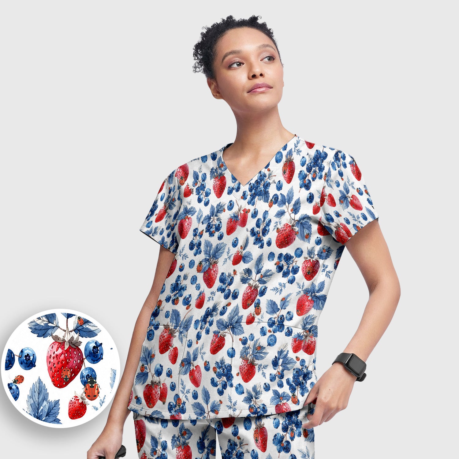 Cute Strawberry Blueberry Ladybug Pattern Scrub Set, Scrub Pants and V Neck Top