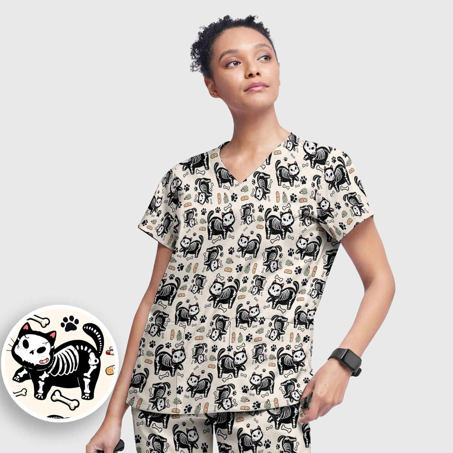 Skeleton Cat Medical Pattern Scrub Set, Scrub Pants and V Neck Top