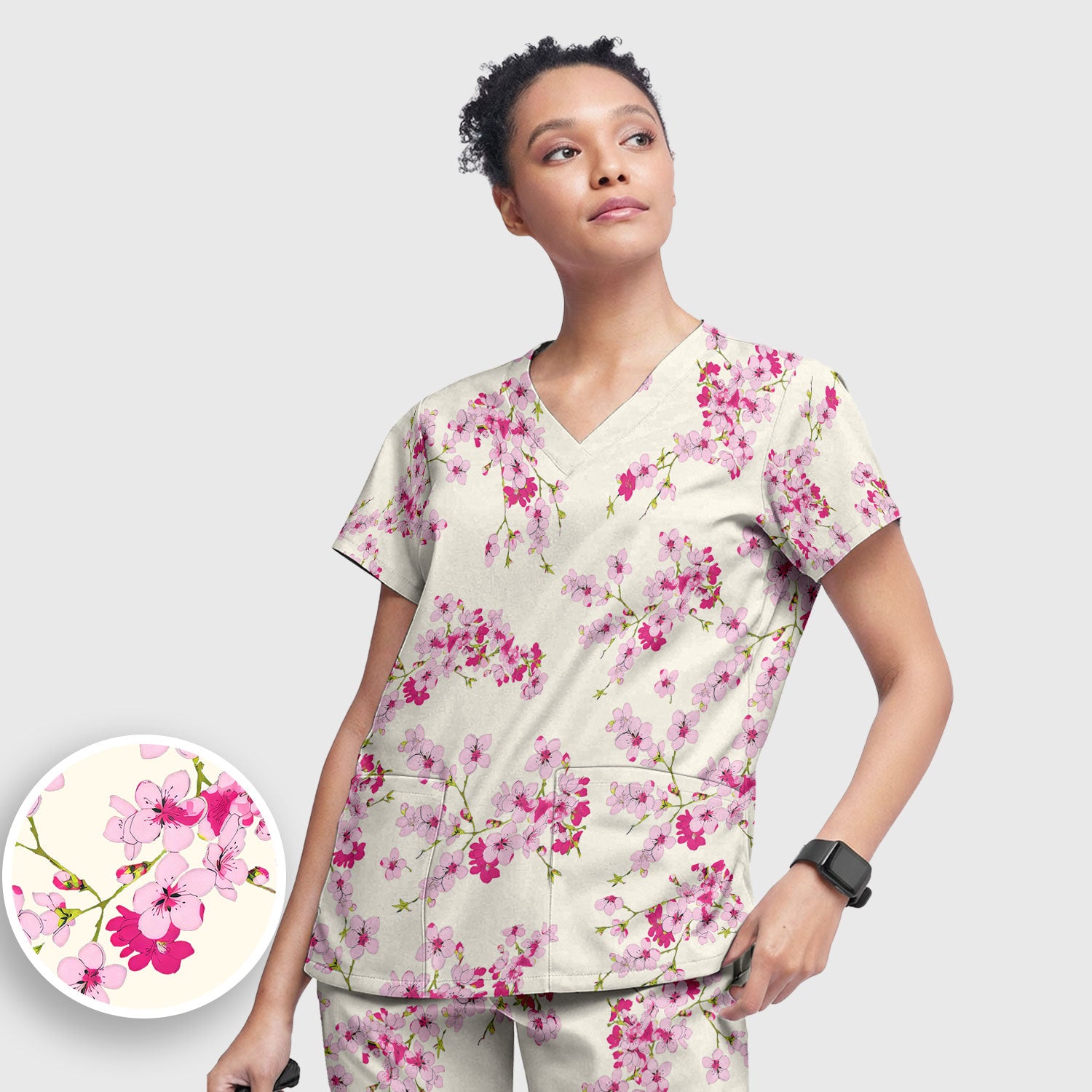 Elegant Cherry Blossom Floral Pattern Scrub Set , Breathable Med Uniform
