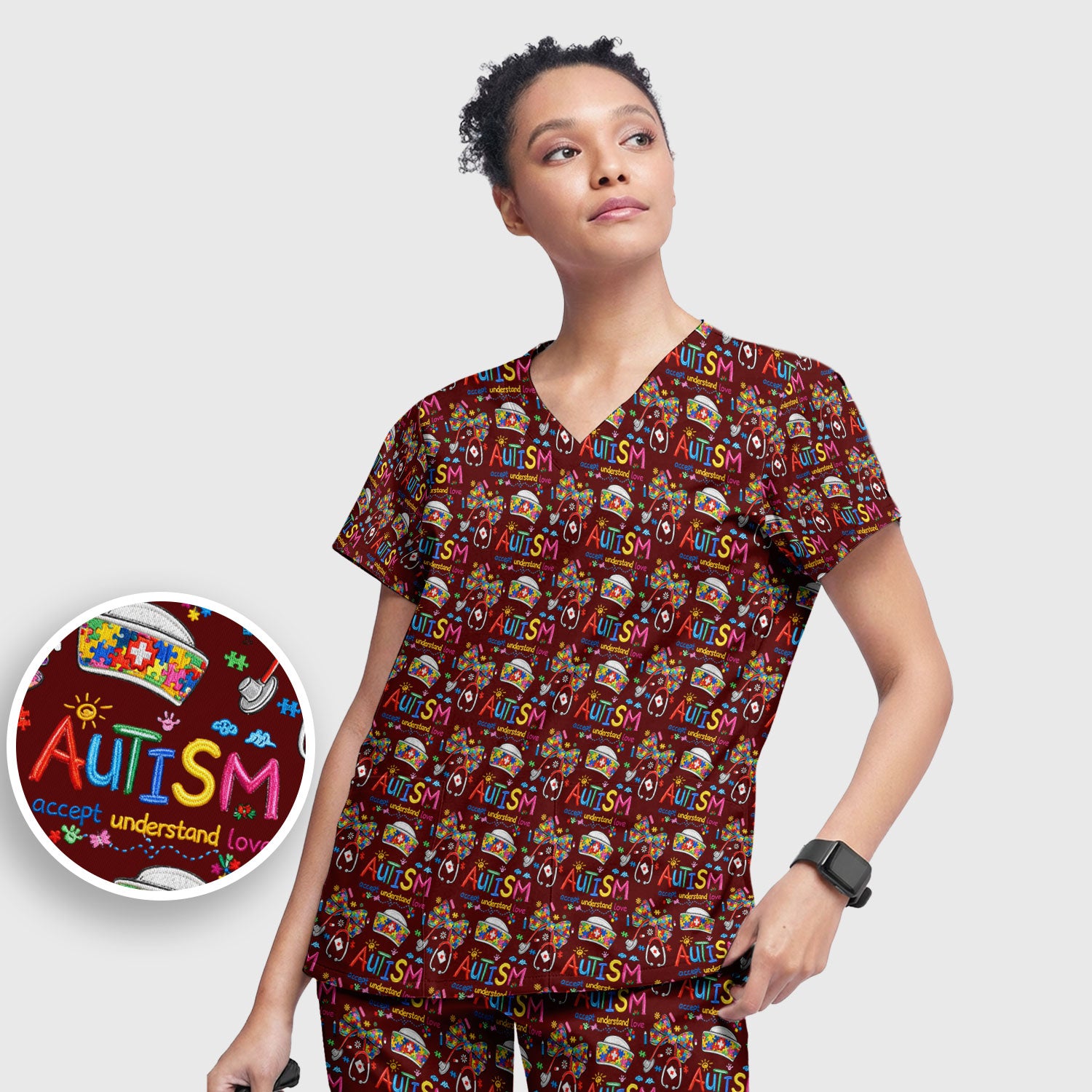 Autism Awareness Pattern Nurse Scrub Set, Accept Understand Love Puzzle Nurses Shirt, Breathable Fabrics Nursing Uniform