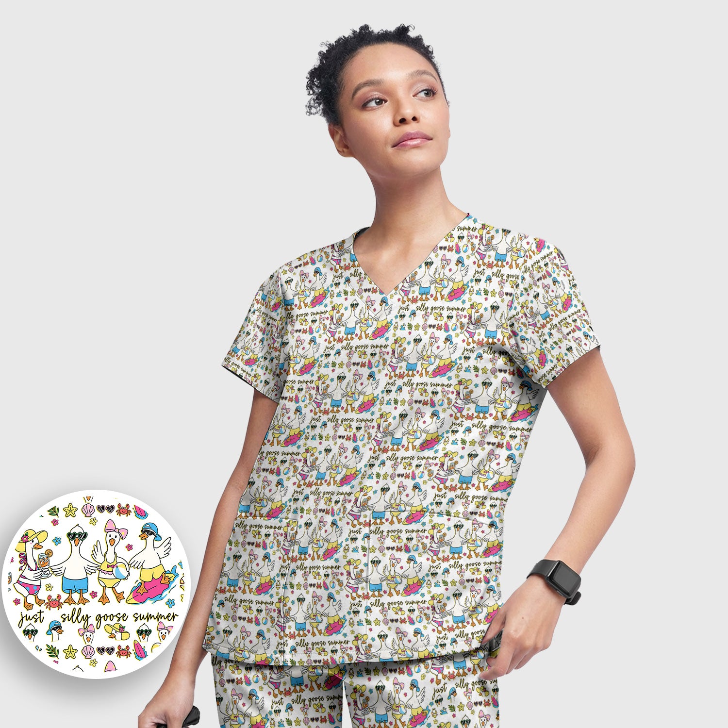 Silly Goose Summer Pattern Scrub Top, Breathable Fabrics Nursing Uniform