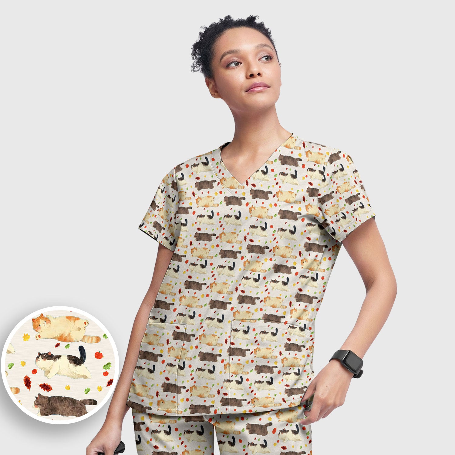Chubby Cat Autumn Leaves Print Scrub Set, Breathable Med Uniform